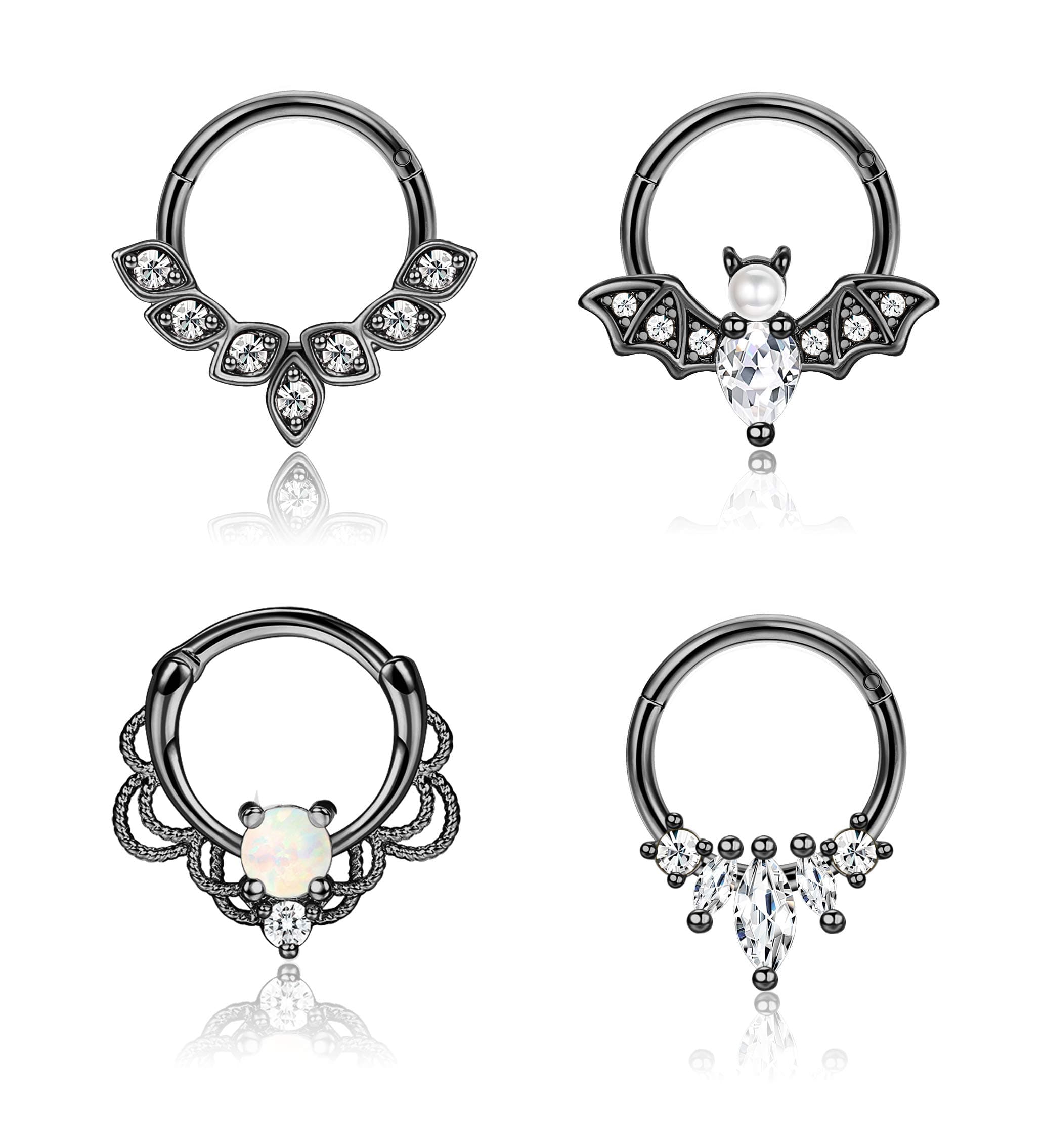 16g Septum Rings Cute Opal Cartilage Earrings, Surgical Steel Nose Rings Hoop Tragus Helix Rook Daith Bat Jewels Centered Hinged Ring for Ear Nose Piercing Jewelry