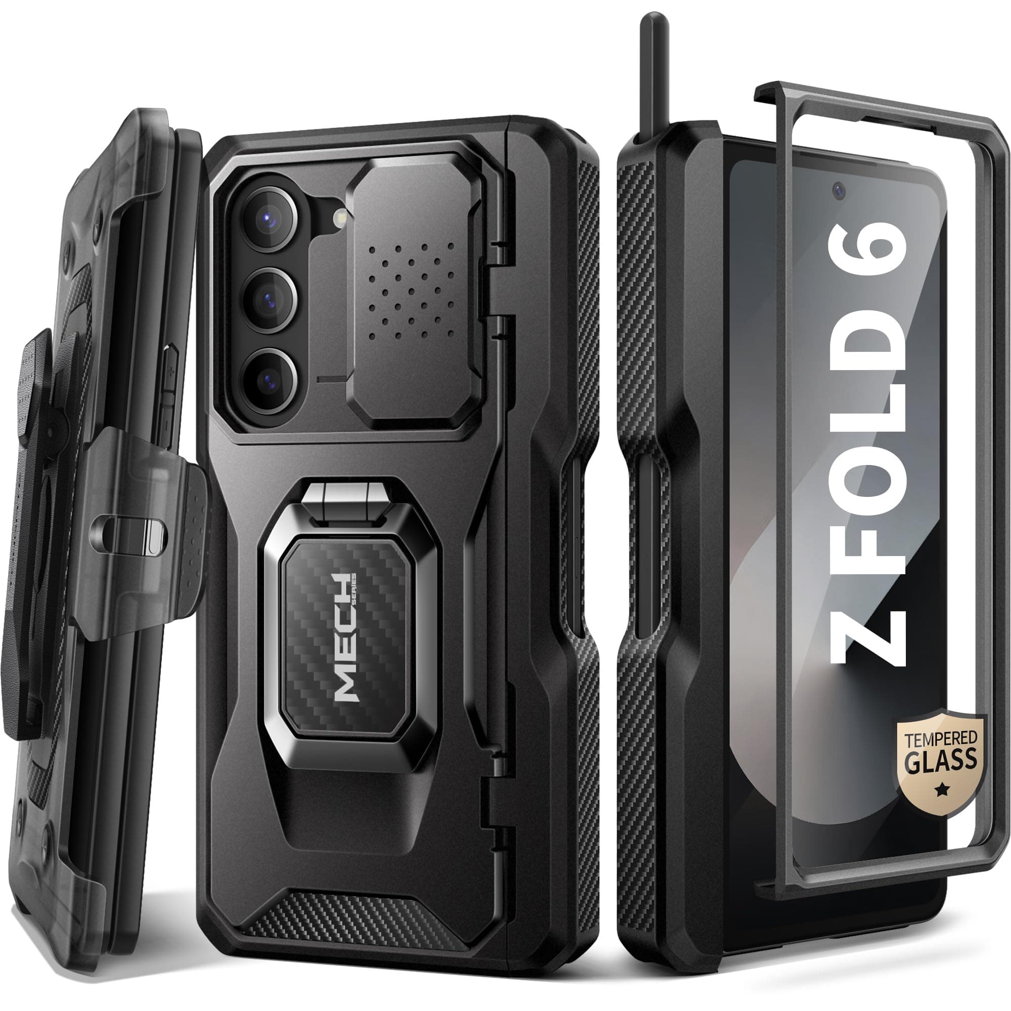 TONGATE Zフォールド6用ケース、リングスタンド付き、内蔵Sペンホルダー&HDガラススクリーンプロテクター、スライドカメラカバー&ベルトクリップ付き頑丈なZ6電話ケース、Samsung Galaxy Z Fold 6 2024用、ブラックHDフィルム