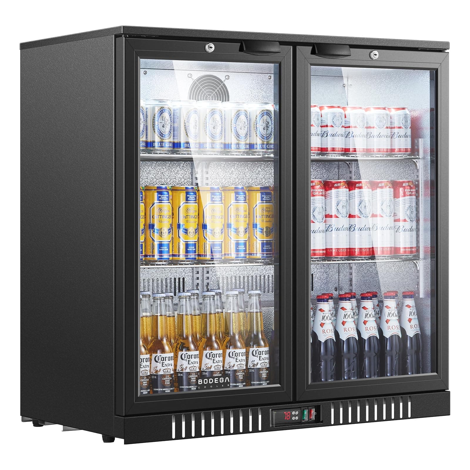 BODEGACOOLER Back Bar Cooler with 2 Doors Under Counter ,7.4cu.ft Glass Door Bar Refrigerator with LED Lighting,Black Bar Cooler,Built-In or Under Counter Freestanding Hold 68 bottles or 220 cans
