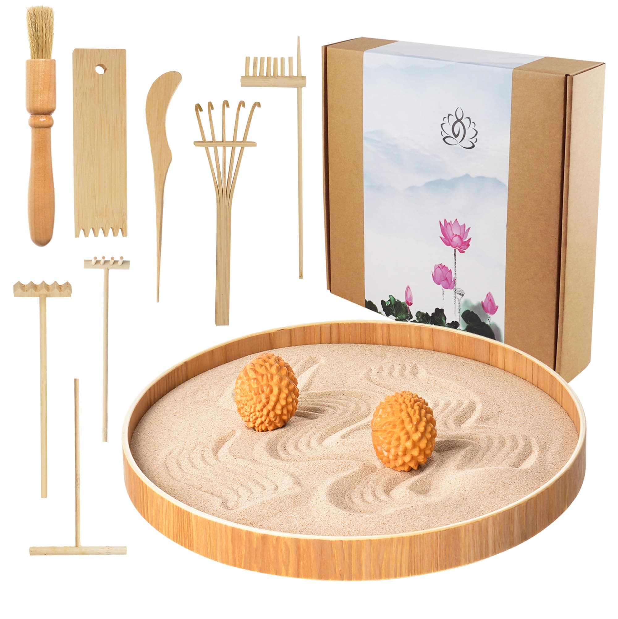 Japanese Zen Garden for Desk, Dorhui Sand Tray Therapy Kit Meditation Gifts - 12”Large Round Bamboo Tray, 7Pcs Mini Zen Garden Rake Kit, Stamp Spheres for Home, Office, and Classroom