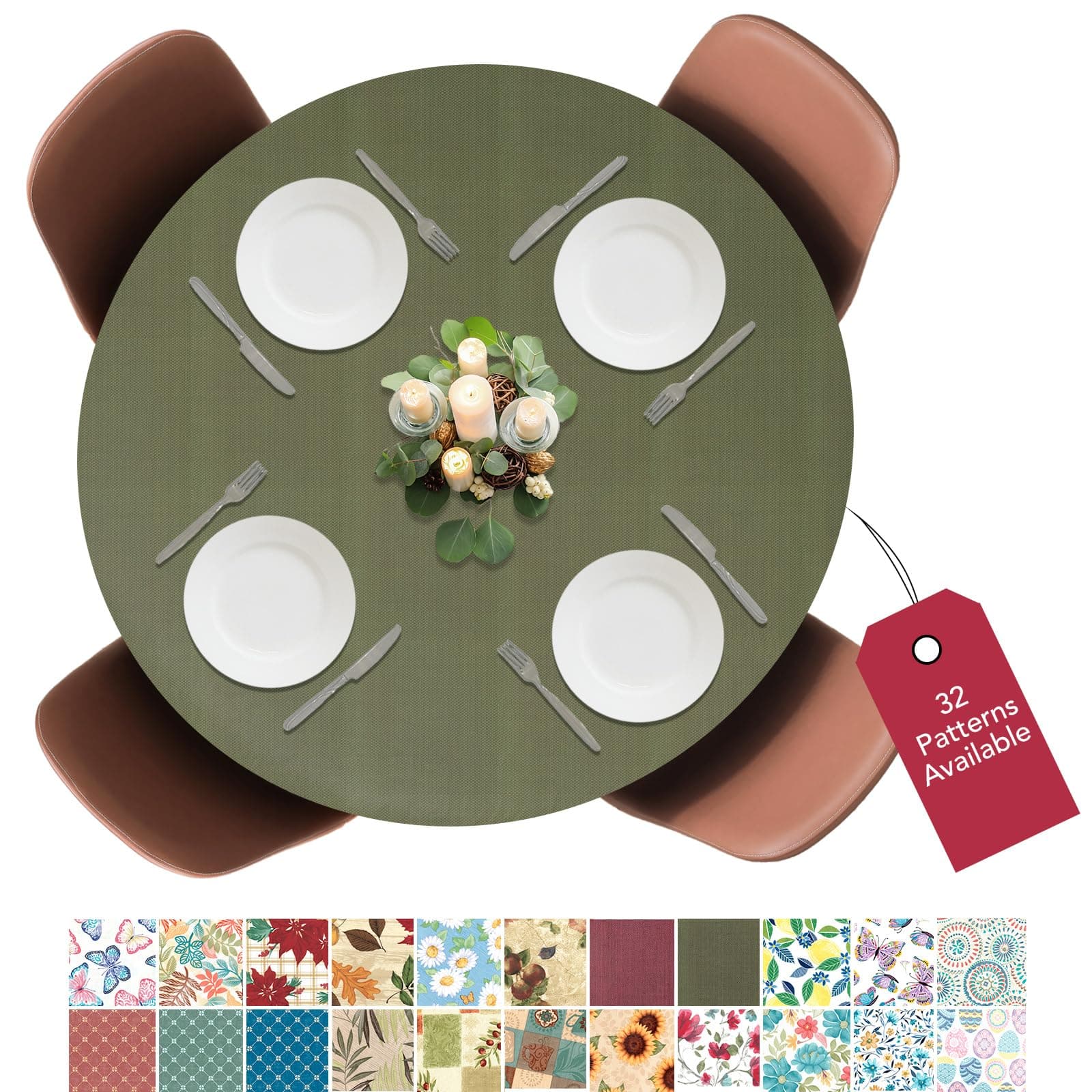 Deluxe Elastic Edged Flannel Backed Vinyl Fitted Table Cover - Basketweave (Green) Pattern - Small Round Oblong Oval - Fits Tables up to 40" - 44" Diameter