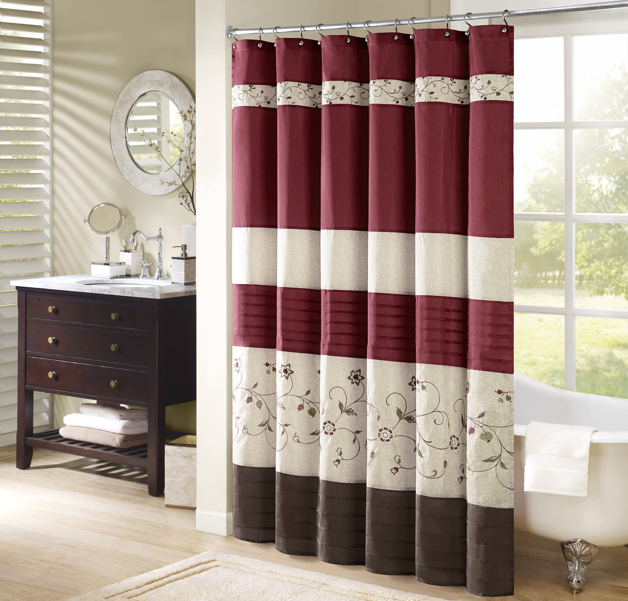 Madison ParkSerene Flora Fabric Shower Curtain, mbroidered Transitional Shower Curtains for Bathroom, 72 X 72", Red