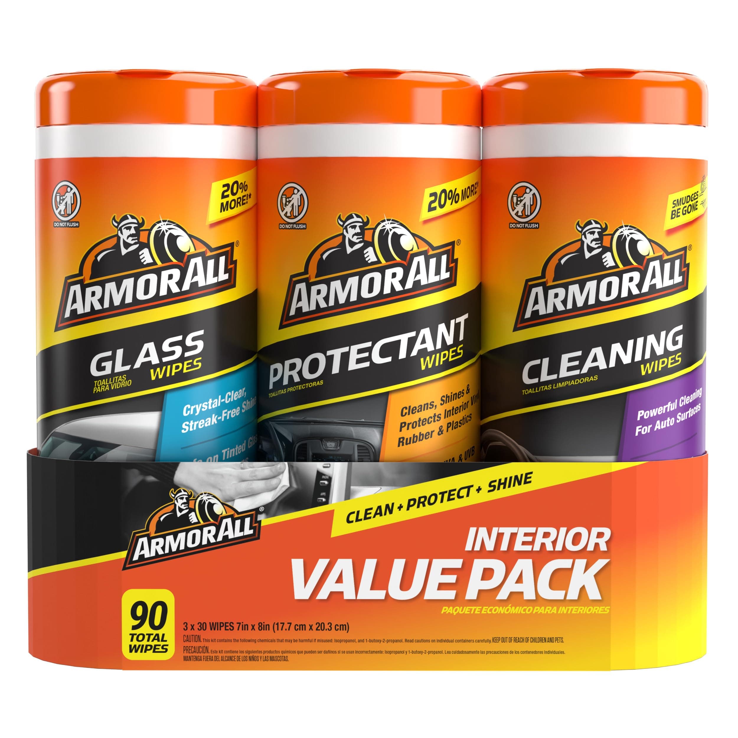 Armor All Protectant Glass and Cleaning Wipes, Car Interior and Exterior Wipes, 30 Count Each (Pack of 3)