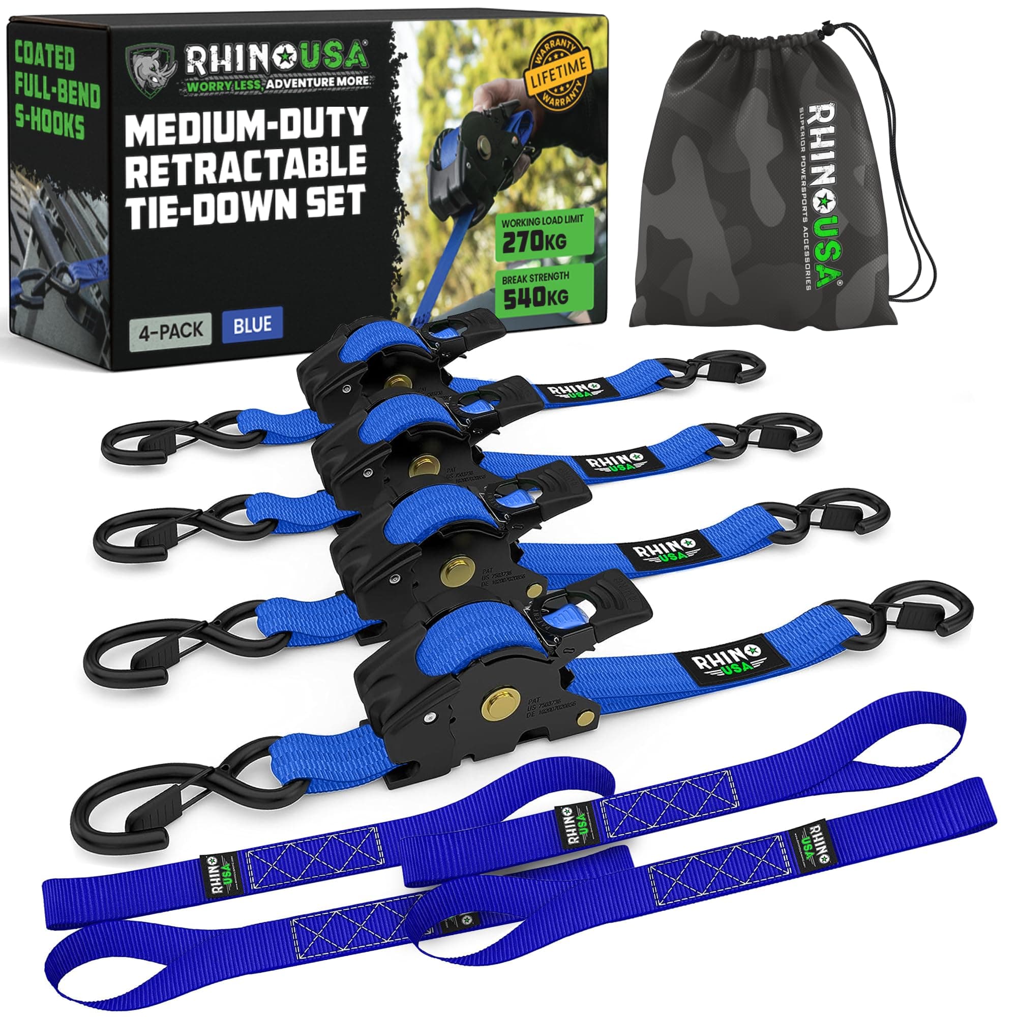 Rhino USA Retractable Ratchet Straps (4-Pack) - 1 Inch x 10 Feet (1,209lb Break Strength) - Auto Self Retracting Tie Down Straps for Truck, Cargo Trailer, Motorcycle, ATV, UTV - Blue