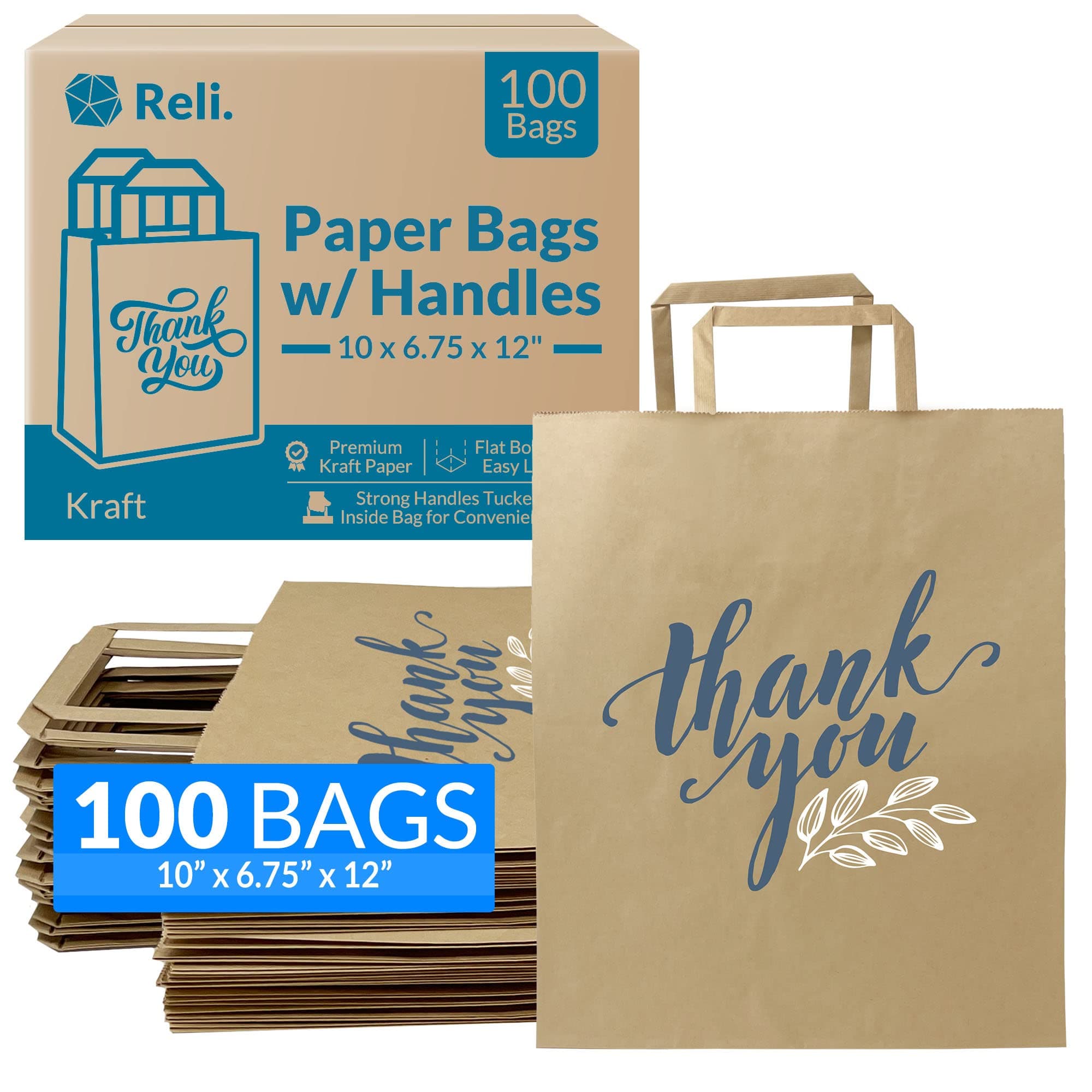 Reli. Brown Paper Bags w/Handles | 100 Pcs Bulk | 10"x6.75"x12" | Paper Thank You Bags, Kraft | Printed | Shopping, To Go, Thank You Gifts, Wedding | 25% Larger Than 10"x 5"x13"