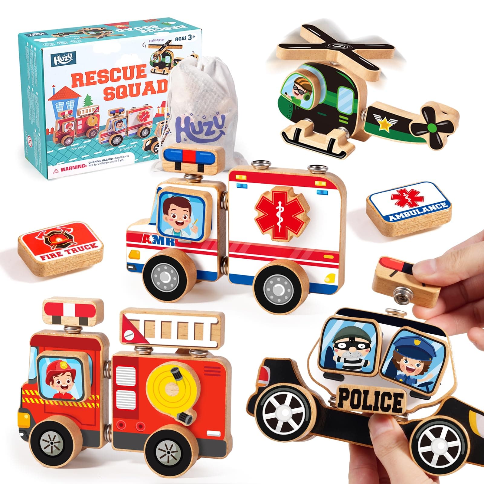 Emergency Vehicles 3D Puzzle Toy, Rescue Squad Wooden Snap Button Connection Building Blocks for Kids 3-8, Fire Truck Ambulance Police Car Helicopter Montessori Gifts for Preschool Children