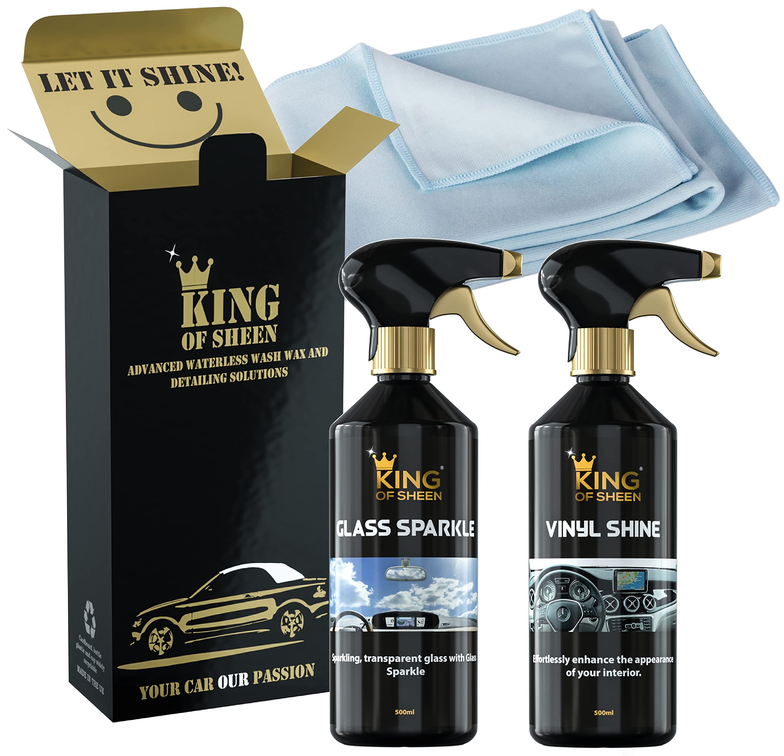Interior Car Cleaning Kit - Vinyl Shine 500ml and Glass Sparkle 500ml + Professional Glass Microfibre Cloth