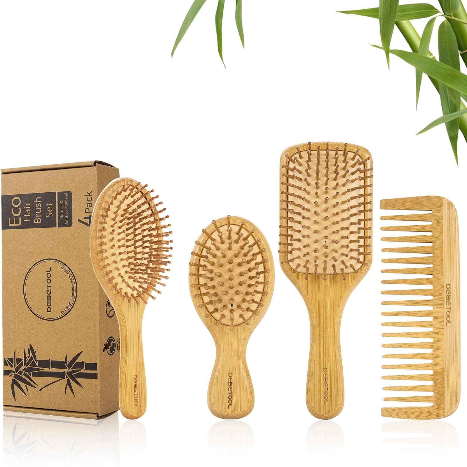 Bamboo Hair Brush Set, Natural Wooden Bamboo Comb Paddle Detangling Hairbrush for Hair Growth - Wide-tooth and Tail Comb Suitable for Thick/Thin/Curly/Dry Hair