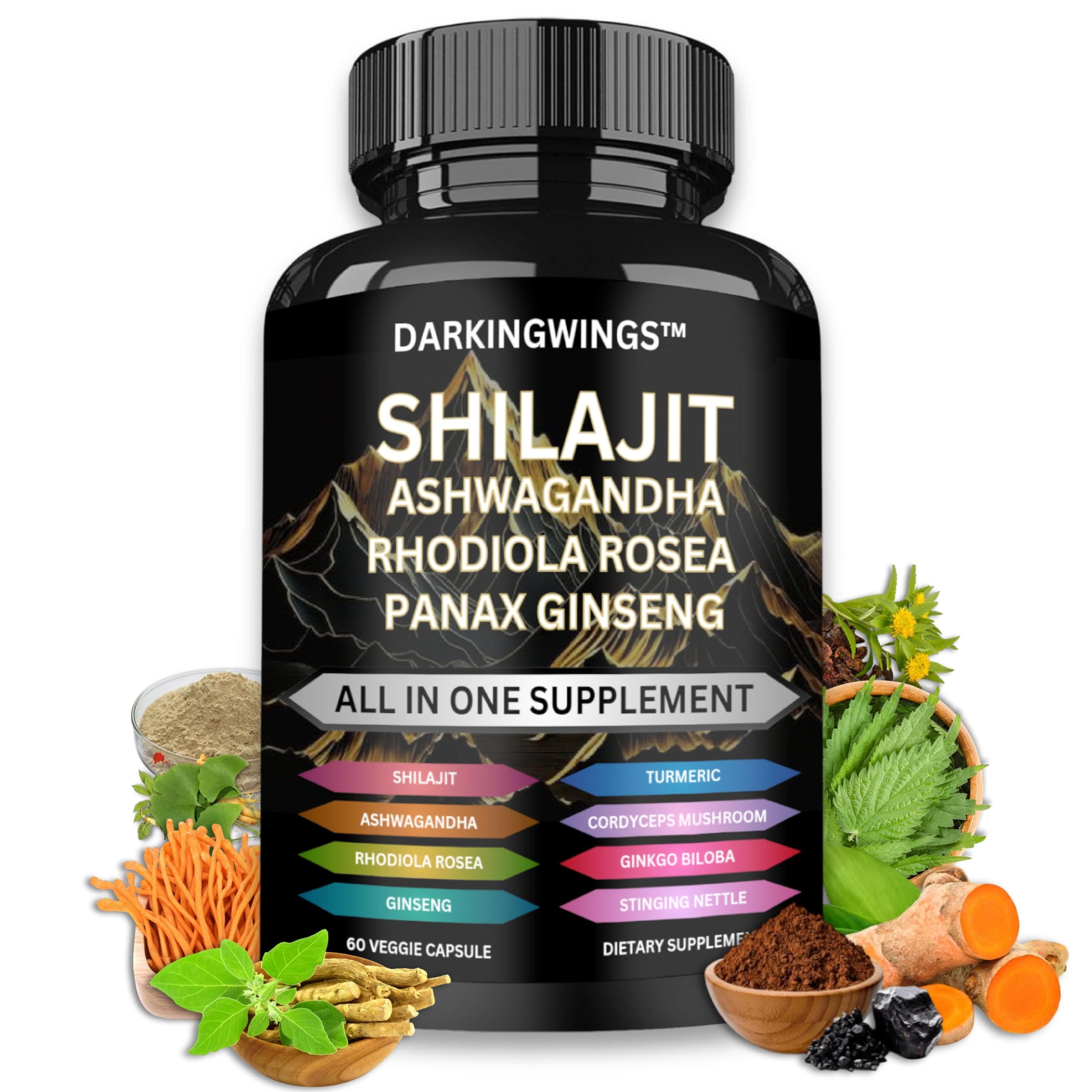 8-in-1 Shilajit 9000 Panax Ginseng 1500MG Ashwagandha 2000MG Rhodiola Rosea 1000MG, Turmeric 500MG, Gingko Biloba 500mg, Stinging Nettle 250MG, Cordyceps Mushroom 500 MG for Full Body Power