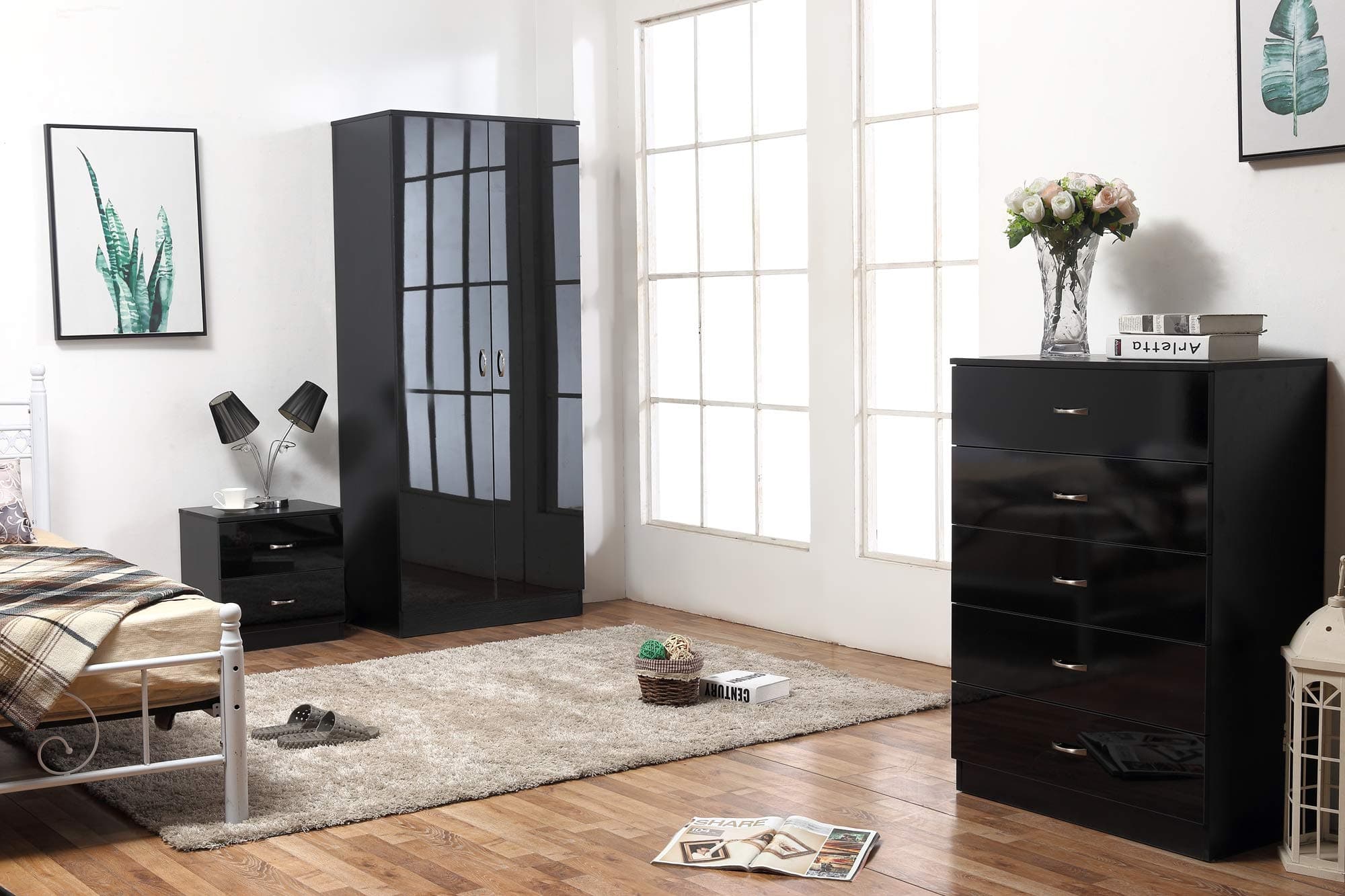 Harmin HIGH GLOSS 3 PIECE Bedroom Furniture Set - Wardrobe, 5 drawer Chest & Bedside (Black on Black)