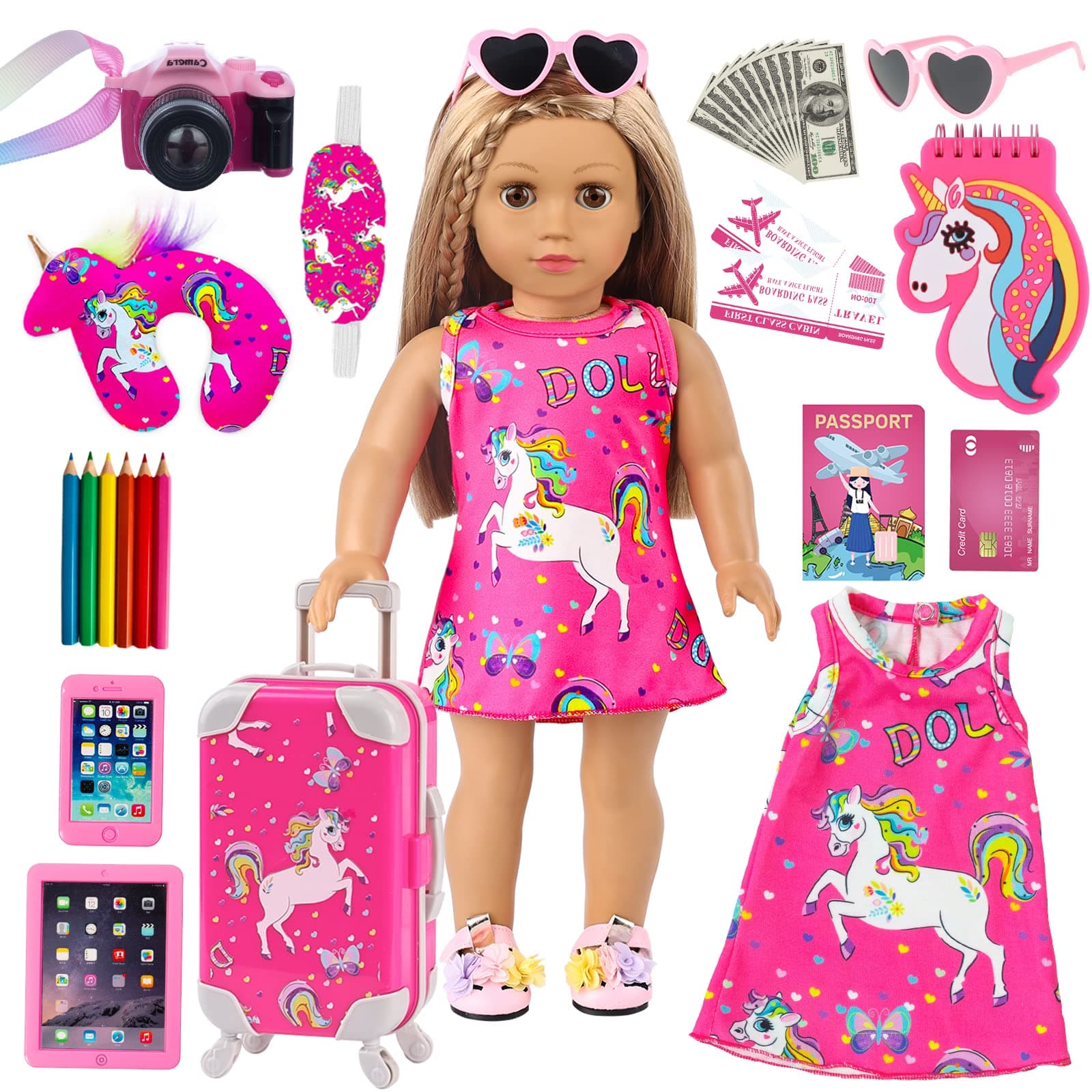 ZQDOLL American 18 Inch Doll Clothes and Accessories Travel Luggage Play Set Including 18 Inch Doll Clothes Travel Suitcase Travel Pillow and Eye Mask(Dolls & Shoes Not Included)