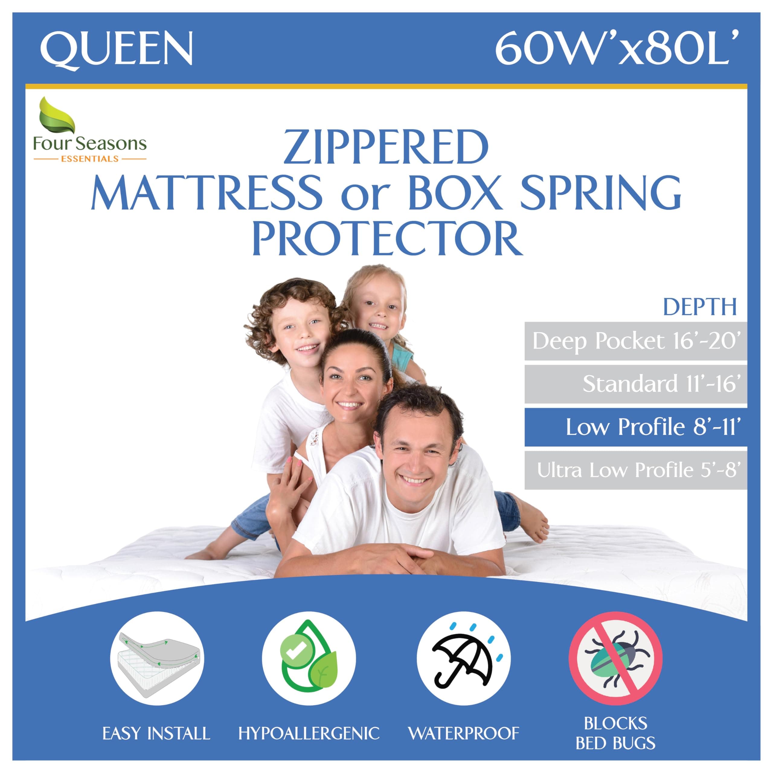 Queen Mattress or Box Spring Protector (8"-11" Depth) - Zippered Waterproof Encasement Hypoallergenic Premium Quality Cover Protects from Dust