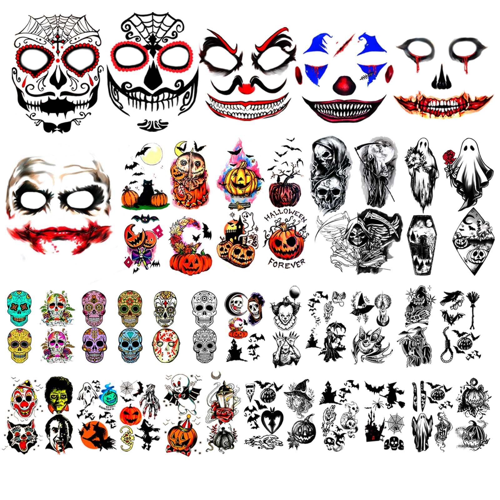 Yazhiji 42 Sheets Halloween Temporary Tattoo Family Set Day of Dead Pumpkin Ghost for Women Black Fake Death Skull Skeleton Tatoos for Men Boy and Girl, Halloween Zombie Makeup Tattoo Kit