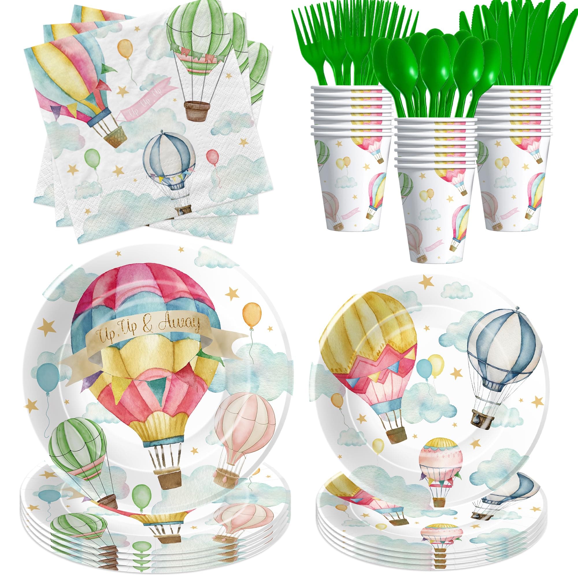 HIPVVILD Hot Air Balloon Decorations Tableware - Hot Air Balloon Birthday Party Supplies For Kid, Paper Plate, Napkin, Cup, Cutlery, Hot Air Balloon Theme Baby Shower Decorations Dinnerware | Serve 24