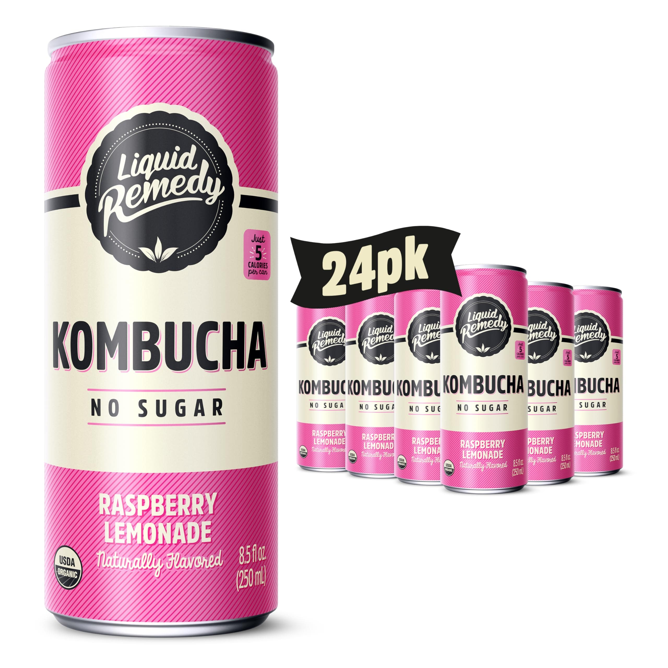 Liquid Remedy Kombucha Sugar Free Organic Drink, Low Calorie, Probiotic Like Tea for Gut Health - Raspberry Lemonade - 8.5 Fl Oz Can, 24-Pack