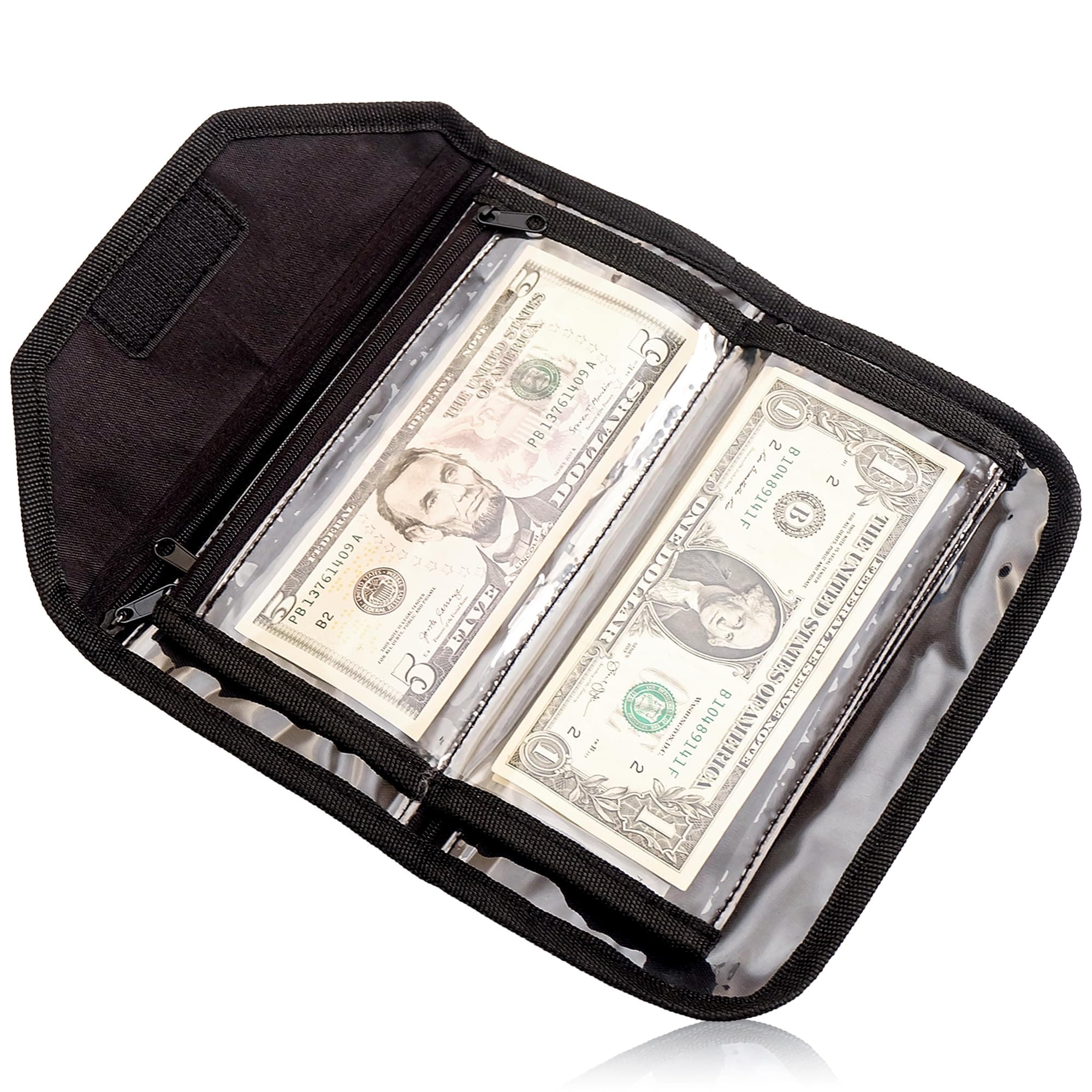 Money Organizer for Cash, Money Wallet Organizer for Cash, 6 Zippered Pocket Multipack Pouch, Money Envelopes for Cash, Cash Organizer for Budgeting, Cash Savings Organizer (Black)