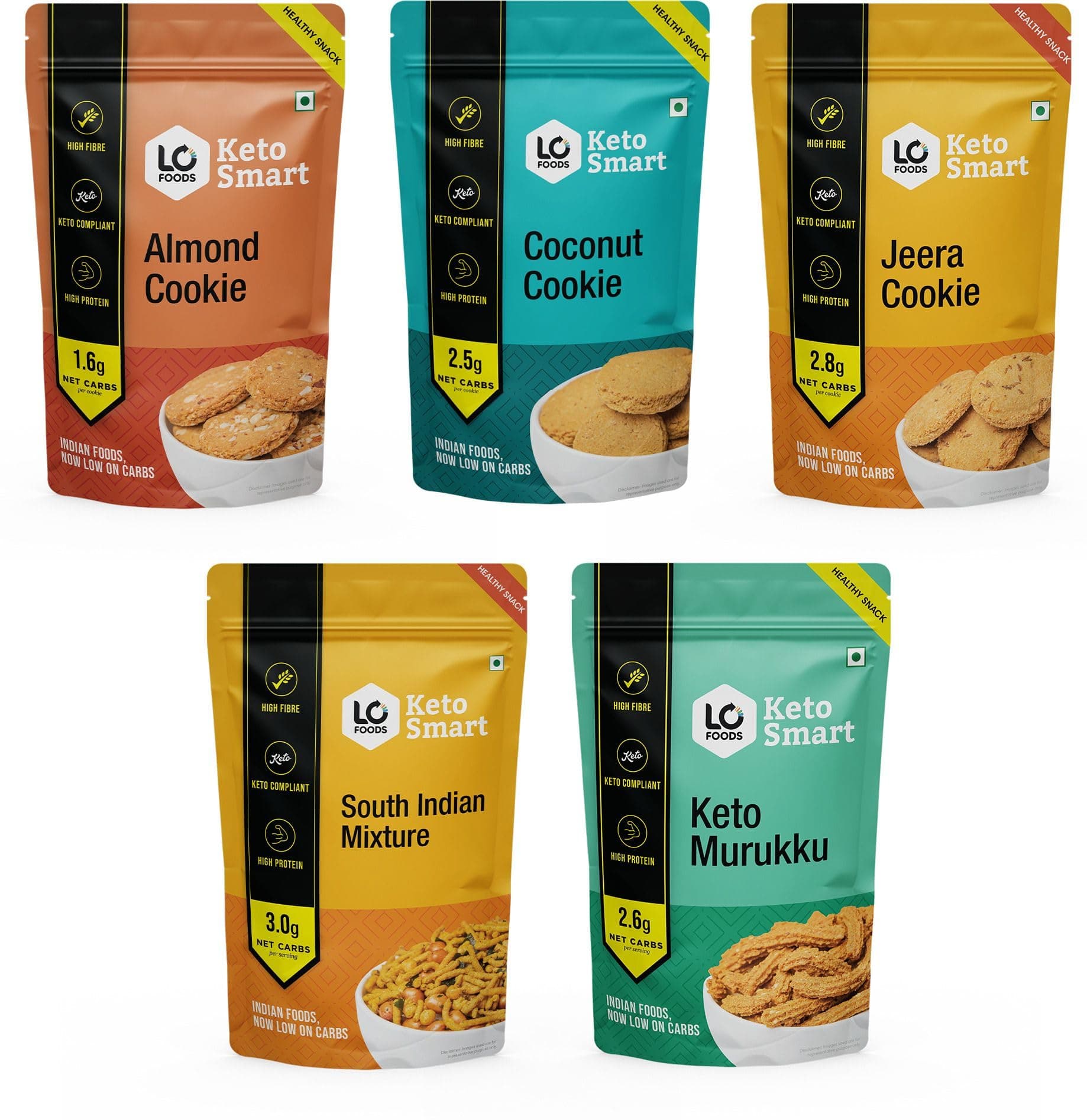 Lo! Foods - Keto Snacks Combo | Pack of 5 Delicious Keto Namkeen & Keto Cookies for Keto Diet | Superfood Low Carb Snack | Diet Snacks Food | Sugarfree Cookies - (100g x Pack of 5)