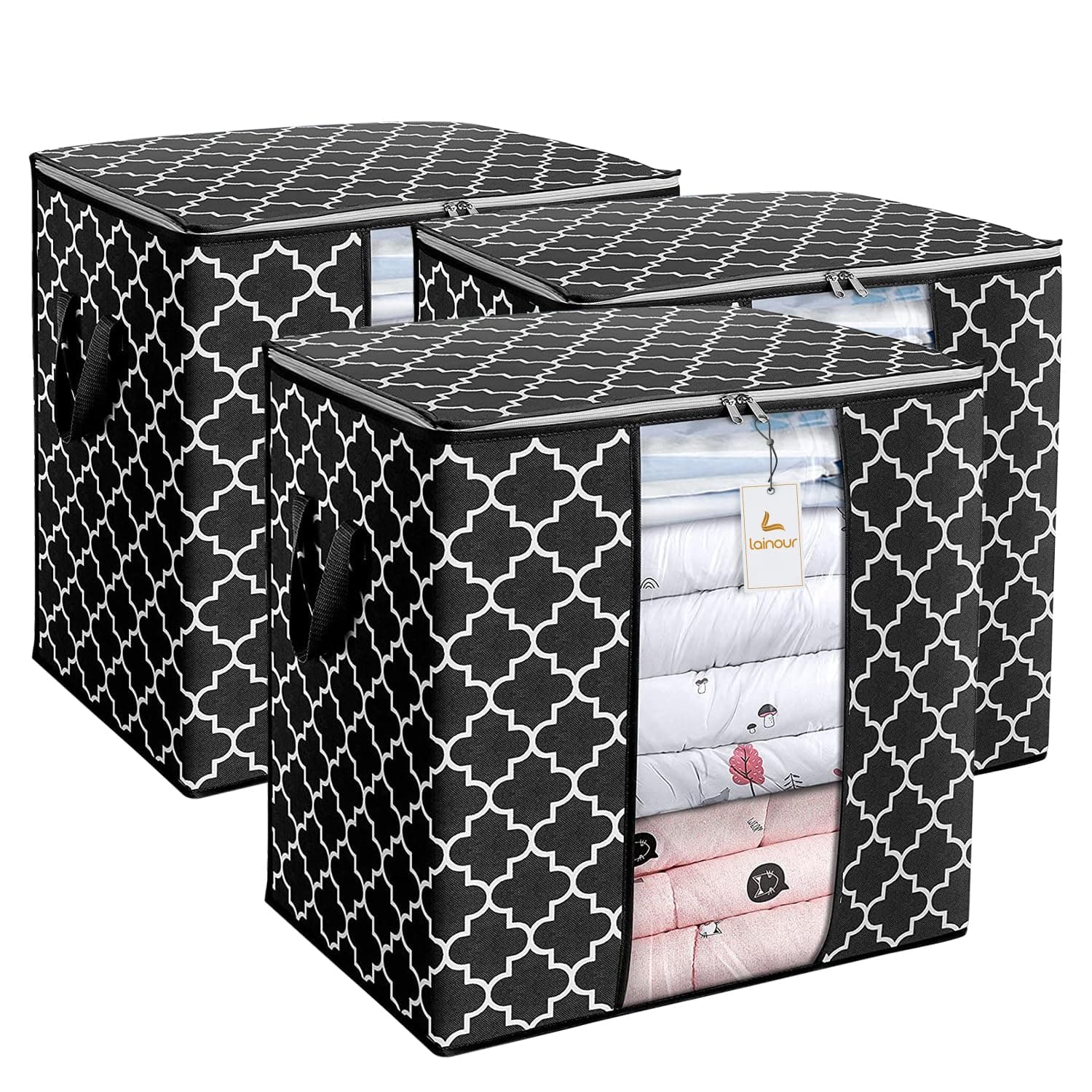 LAINOUR Non-Woven Fabric Storage Bag - 100L Capacity, Water Resistant & Strong Handle Storage Bags, Transparent Window & Sturdy Zipper, Space-Saving Organizers for Clothes, Blankets, etc. (3-pcs)