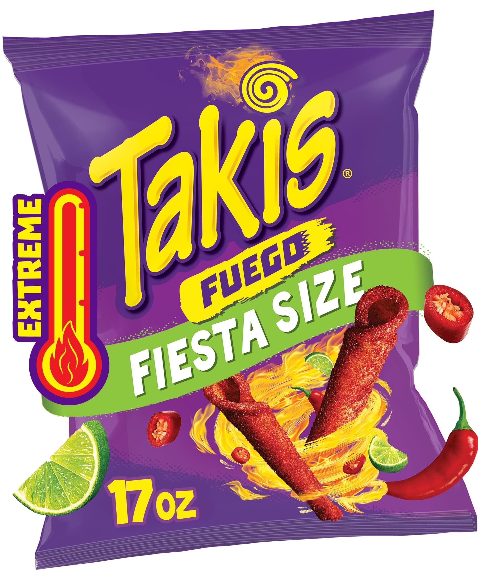 Fuego 17 oz Fiesta Size Hot Chili Pepper & Lime Flavored Extreme Spicy Rolled Corn Tortilla Chips