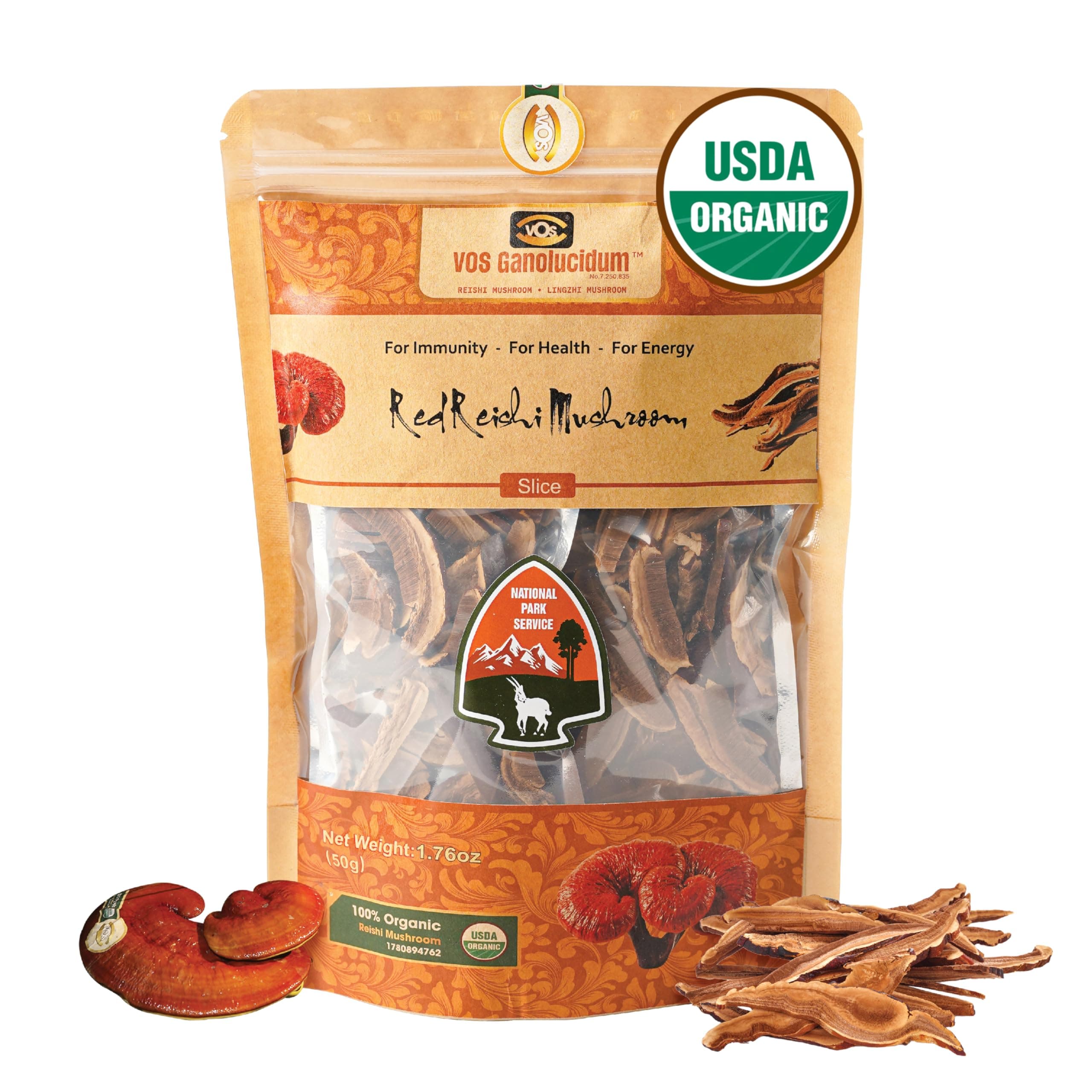 VOS GANOLUCIDUM Organic Sliced Dried Reishi Mushroom, 5 Small Zip Bags Inside, 1.76 Oz, Naturally Grown, Rich in Nutrients, Use as a Nutritious Seasoning for Salads & Porridges