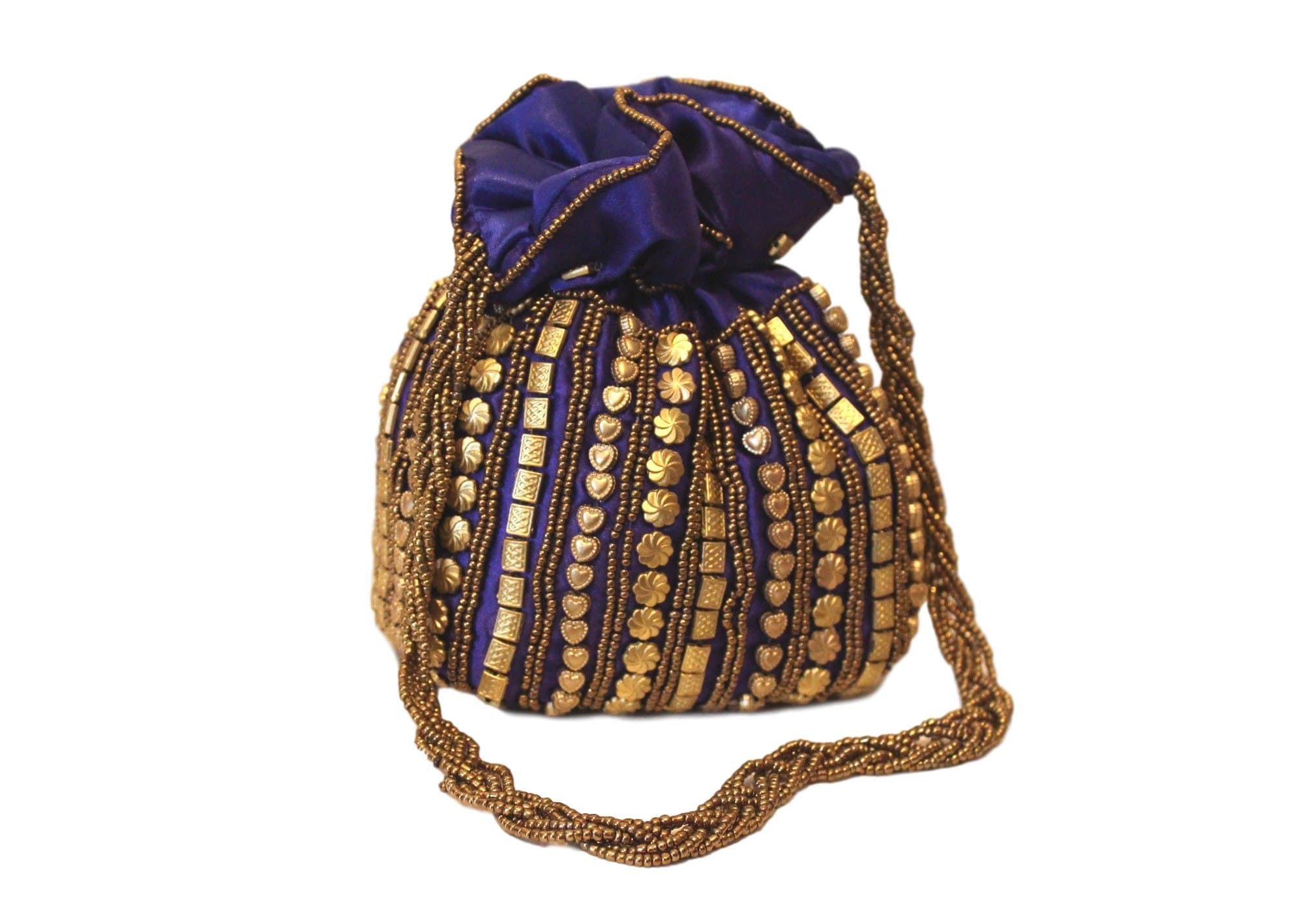HBG90_Blu: Mehya's gorgeous Blue and Gold Potli / batwa bag with gold and bead embroidery