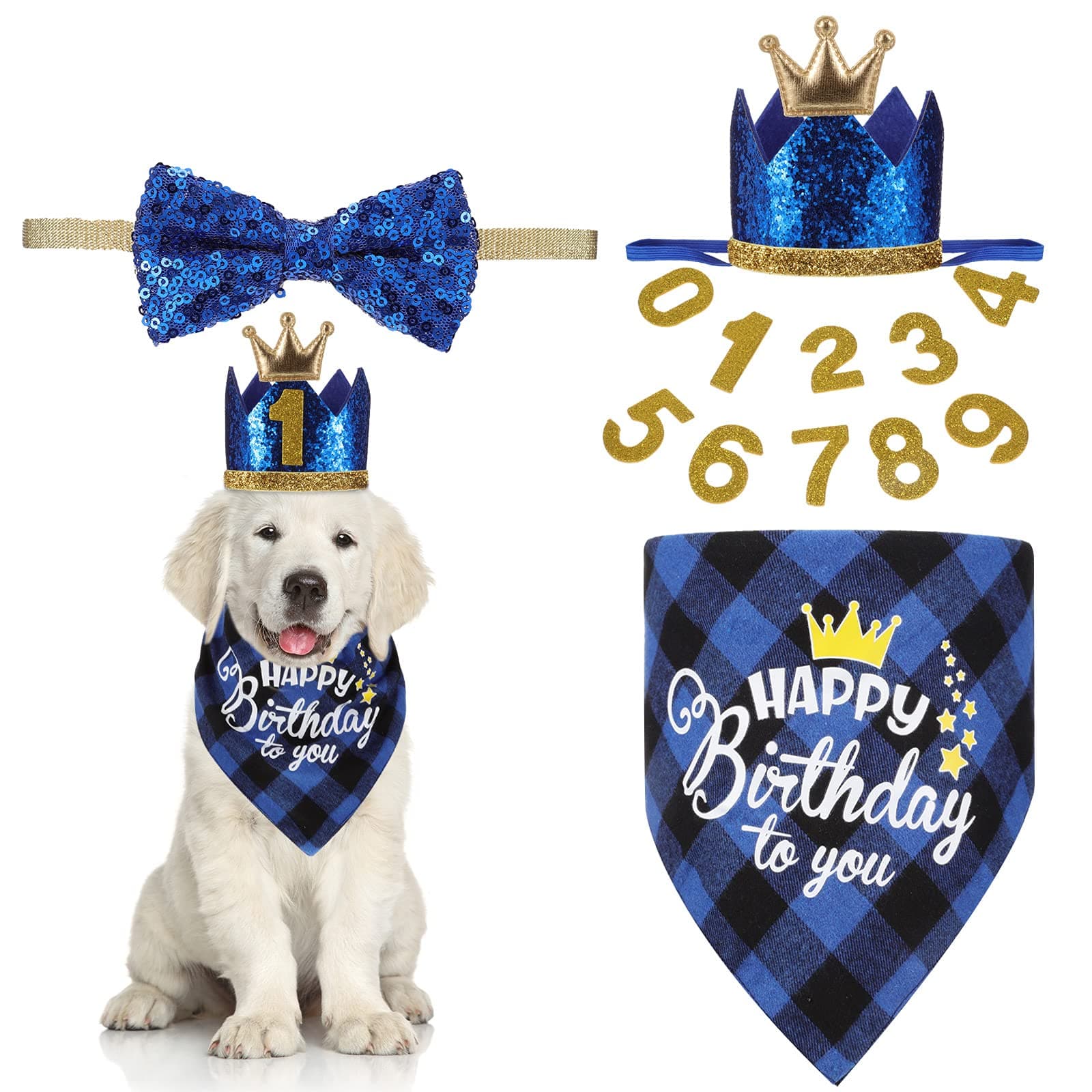 Dog Birthday Party Supplies Bandana Scarf Bling Dog Crown Hat Pet Bow Tie Collar Set with 0-9 Figures Pet Cute Costume Accessories for Small Medium Dog Puppy Kitten Pet Birthday Dress (Blue)