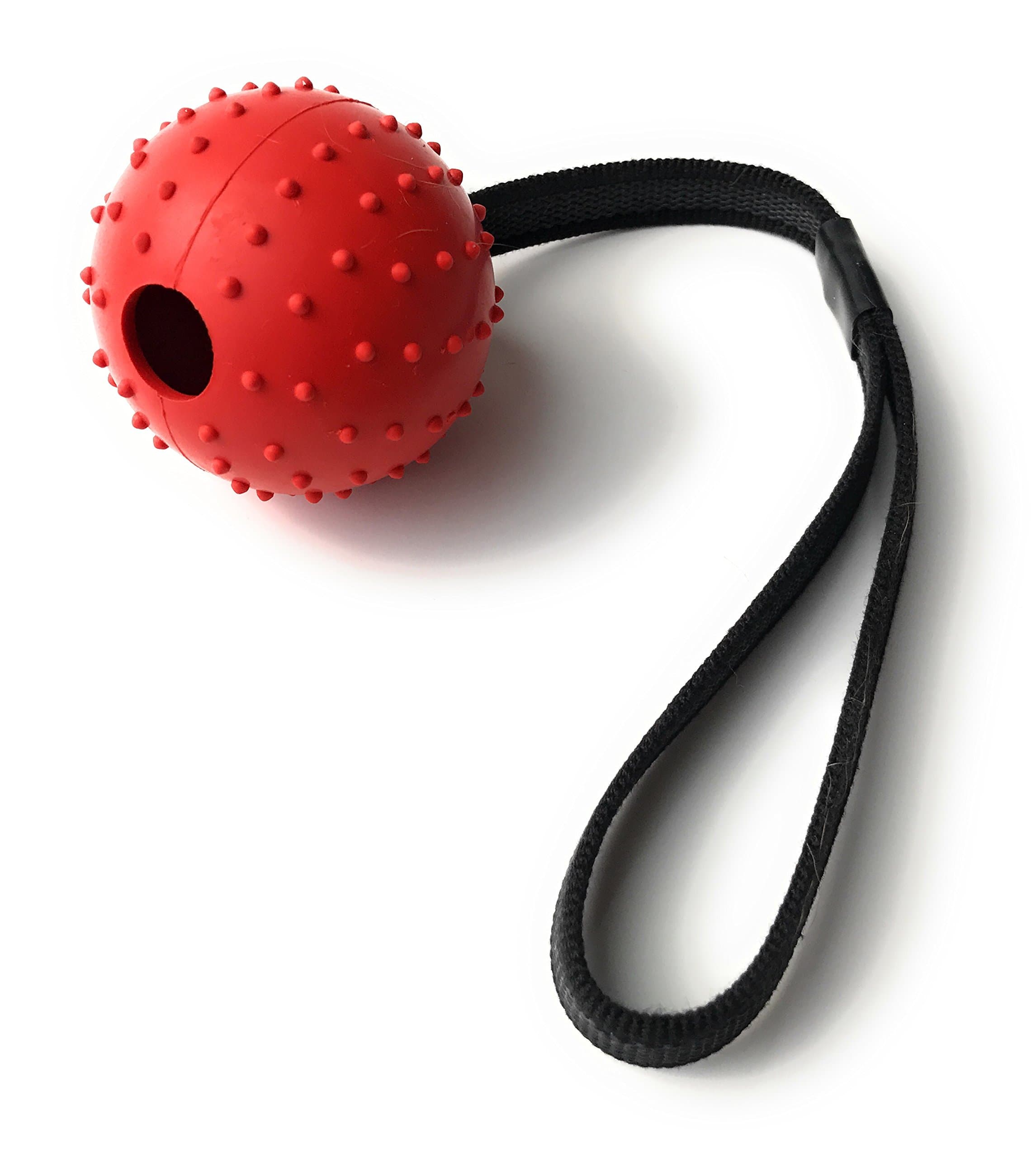 Durable Rubber Ball with Strap Rope Handle for Obedience Training, Tug of War, or Easy Throw for Dogs Puppies, Promotes Good Behavior as a Reward