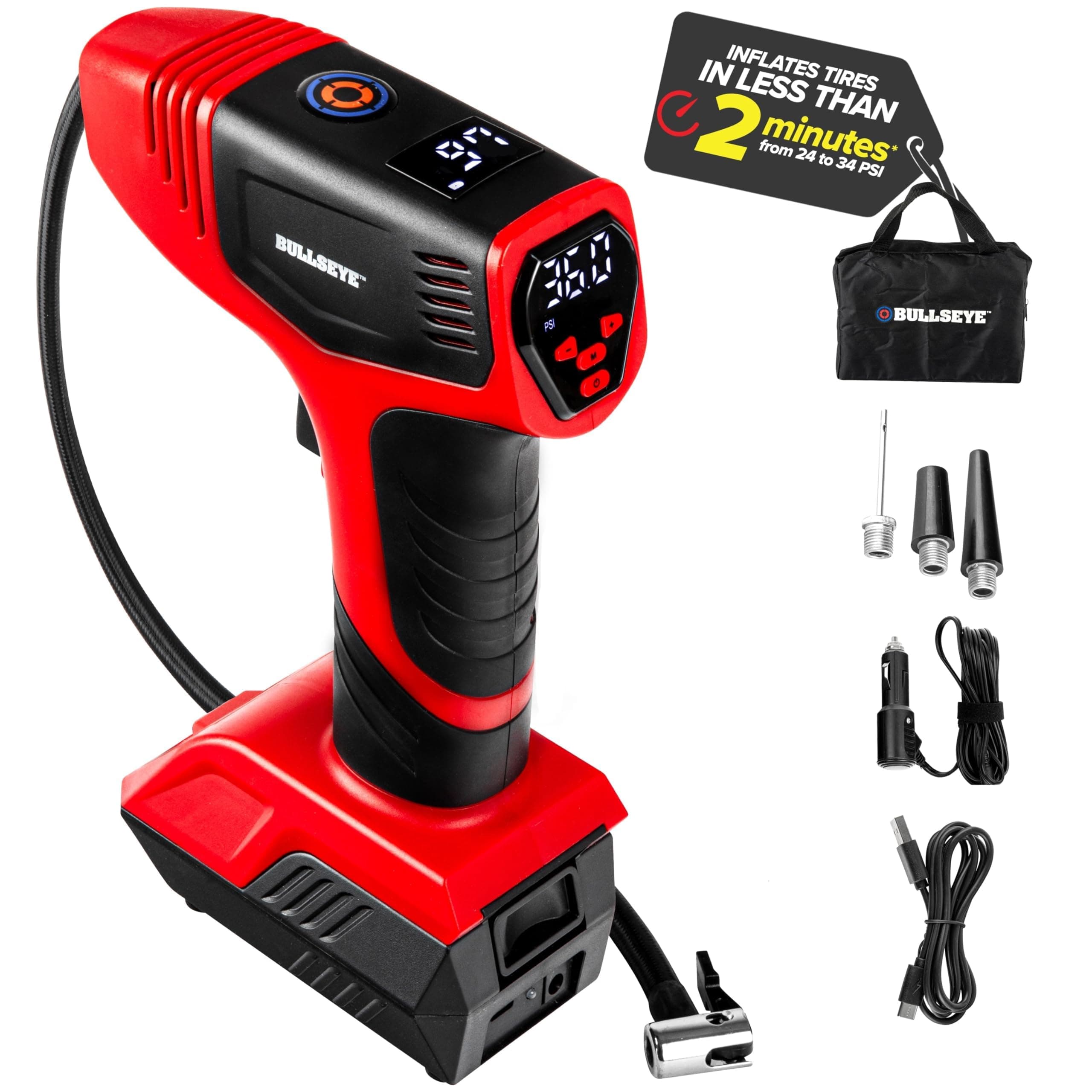 EMSON Bullseye Pro Tire Inflator Portable Air Compressor, Car Tire Inflator Portable, Portable Air Pump for Car Tires - 150PSI, 12V DC 1500 mAhs with Tire Pressure Gauge, Rechargeable As Seen On TV