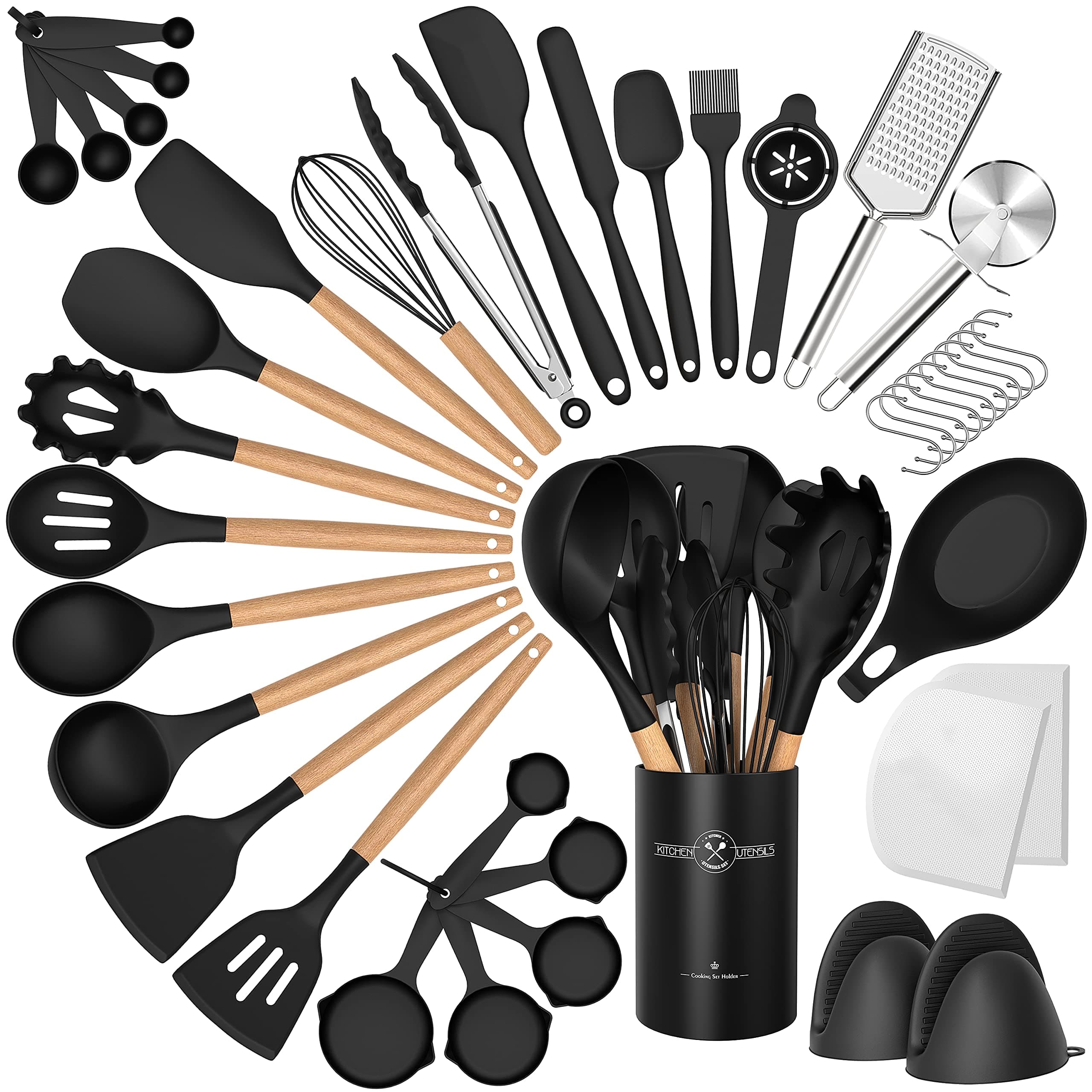 Silicone Cooking Utensils Set, 43Pcs Non-Stick Heat Resistant Kitchen Utensils Spatula Set with Wooden Handle for Baking, Cooking, and Mixing, Best Kitchen Gadgets Tools with Holder (Black)