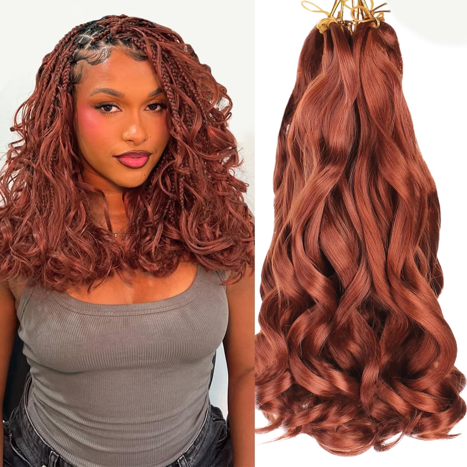 14 Inch 9 Packs Ginger French Curl Braiding Hair for Black Women Short Cooper Red Crochet Box Braids With Curly Wavy Ends Pre-Stretched Wavy Texture Braiding Synthetic Hair for Goddess Box