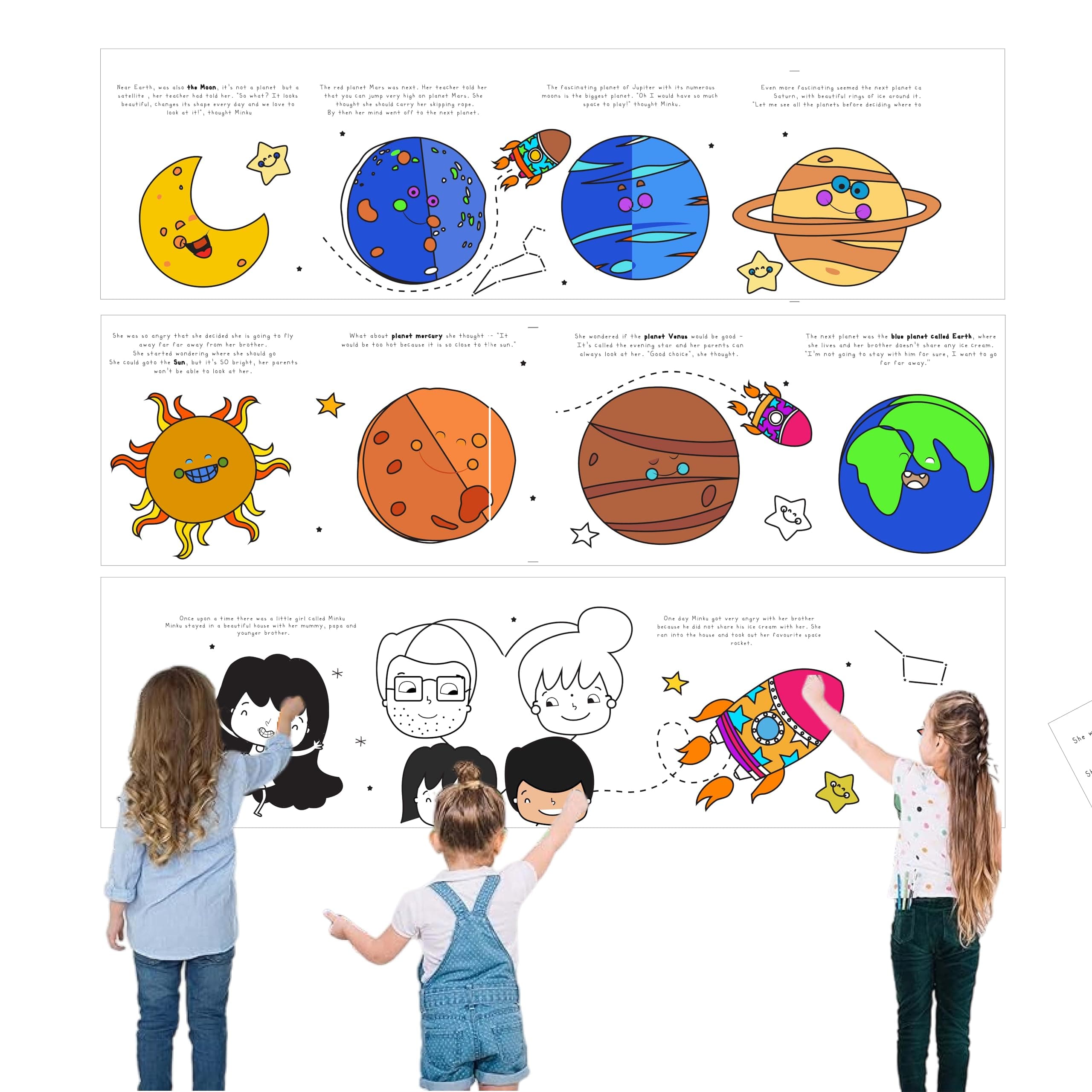 CocoMoco Kids Colouring Roll - Solar System for Kids - 11 feet Big Size Art and Craft Reusable Drawing Paper Roll - Birthday Return Gift (Pack of 1)