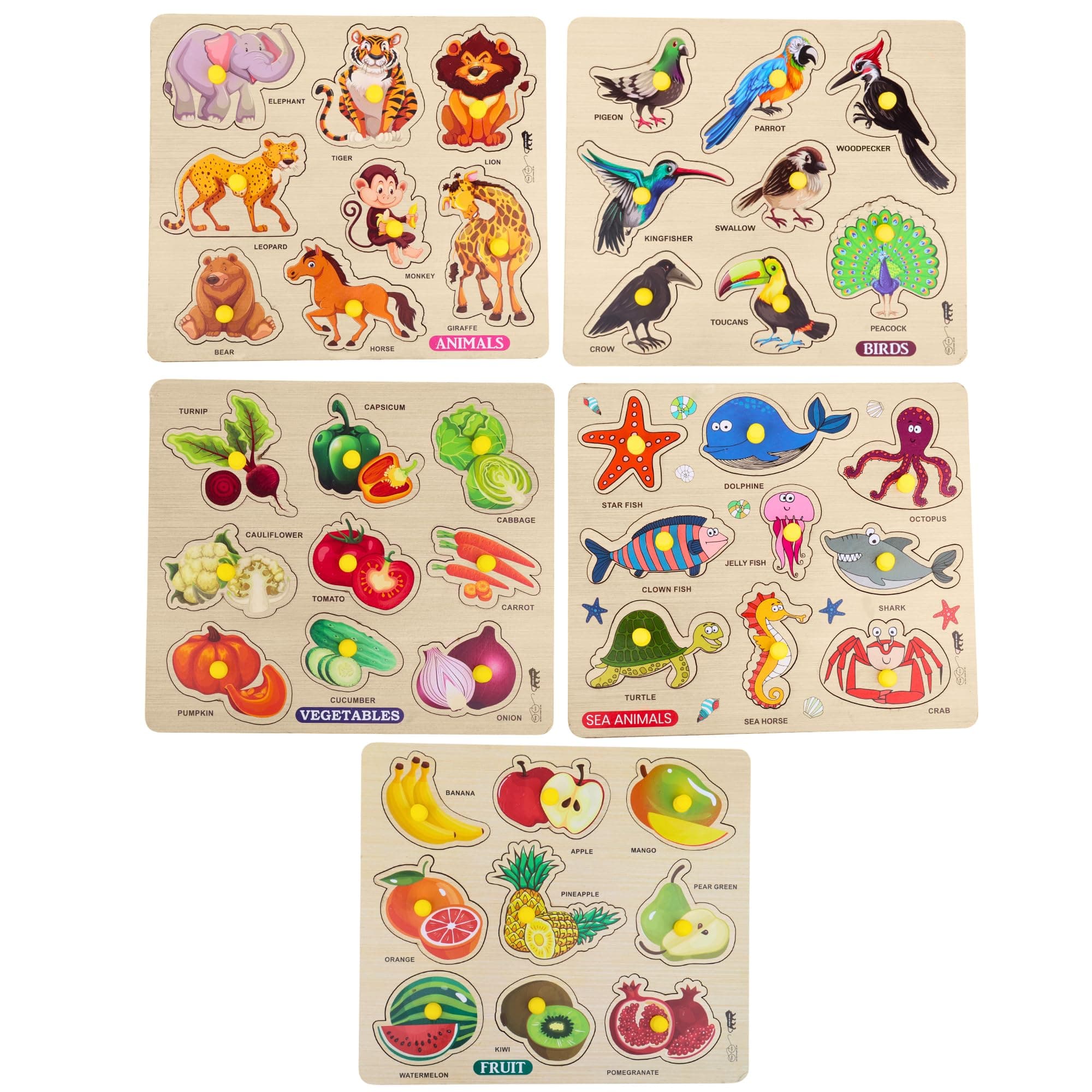 Animal, Fruits, Vegetables, Birds & Sea Animals Wooden Puzzle Toy for Kids | Jigsaw Puzzle Board Game | Early Learning Educational Toys for Toddlers & Adults (Pack of 5)