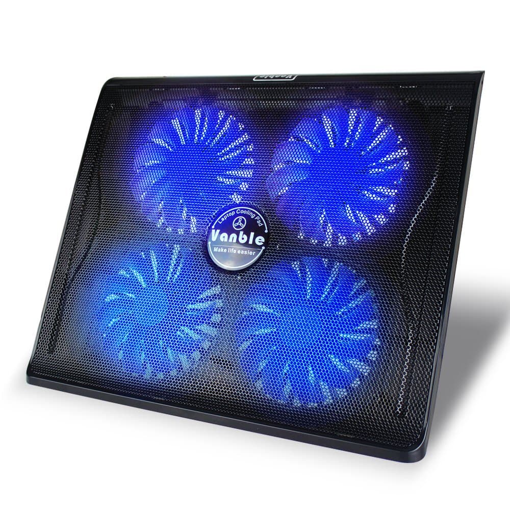 Gaming Laptop Cooling Pad, Vanble Portable 15-17.3 inch Chill Mat with Four Quiet 125mm Blue LED Fans & Dual USB Ports & Adjustable Height Setting, USB Powered, 100% Warranty, Black