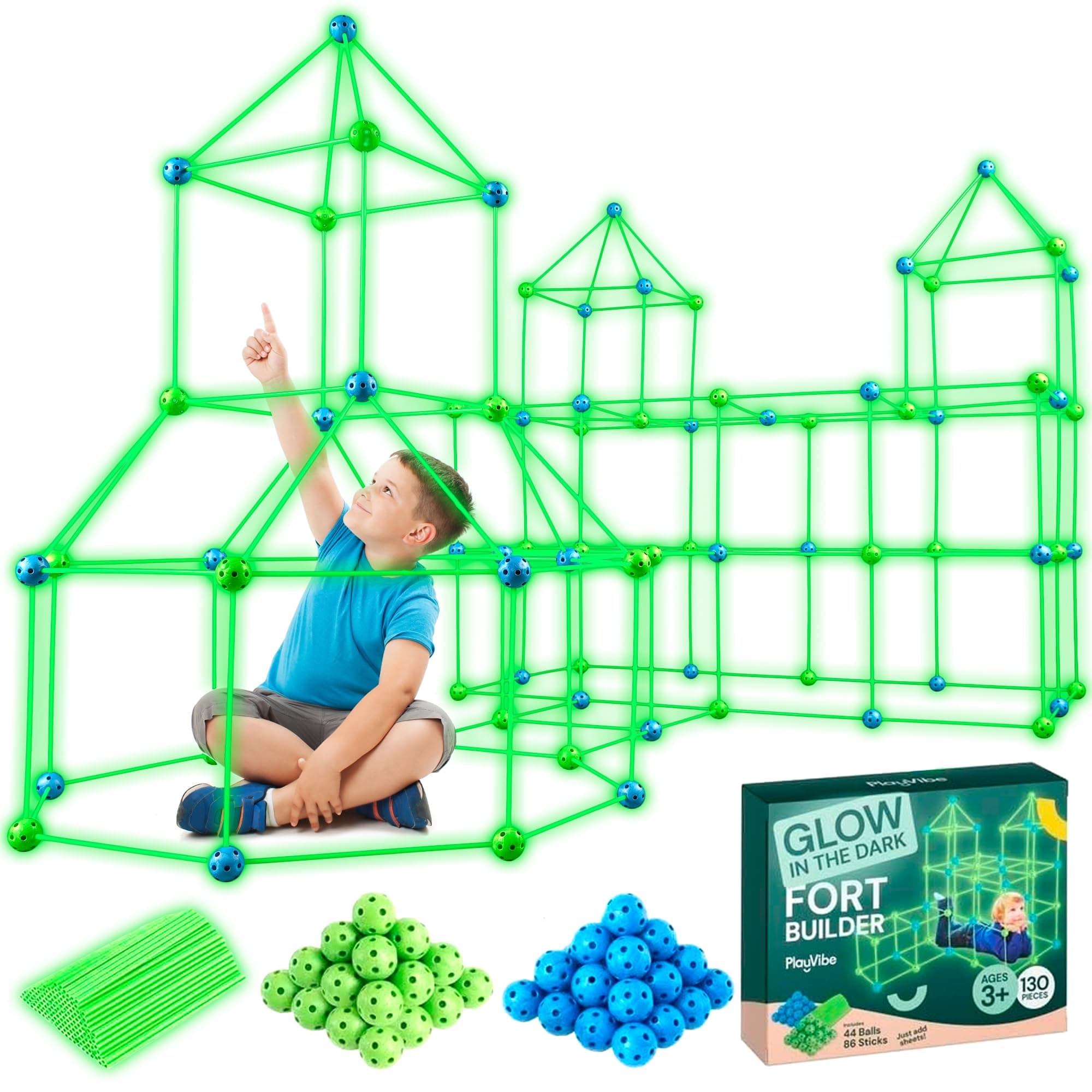 PLAYVIBE 130 PCS Glow in The Dark Kids Fort Building Kit - Fort Builder | Fort Kit | Crazy Kids Fort Building Set | Build A Fort | Air Fort | Indoor/Outdoor Kids Toys