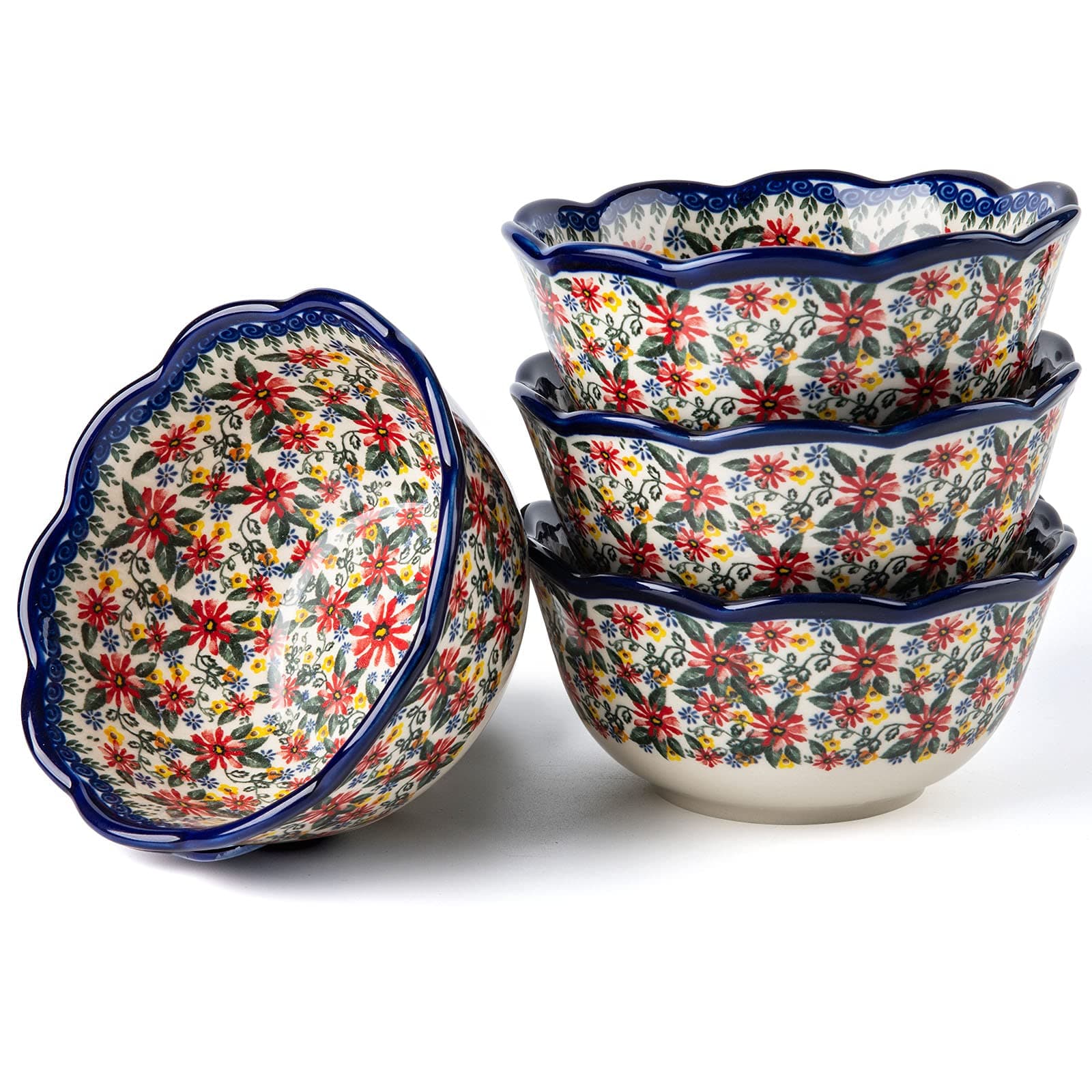 ONECCI Cereal Bowls Ceramic, 6" Serving Bowls Set of 4, Ideal as Cereal Bowls, Soup, Snack, Rice and Salad Bowls, Microwave and Dishwasher Safe 20 Oz Bowls, Vintage Blue (Exotic Daisy)