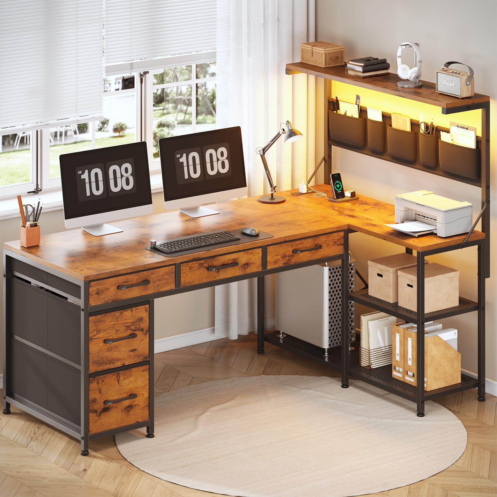 L Shaped Desk with Drawers and Hutch, 47.2" Reversible Office Computer Desk with 5 Fabric Drawers, L Shaped Desk with Storage Shelves, Power Outlet and LED Lights for Home Office, Rustic Brown
