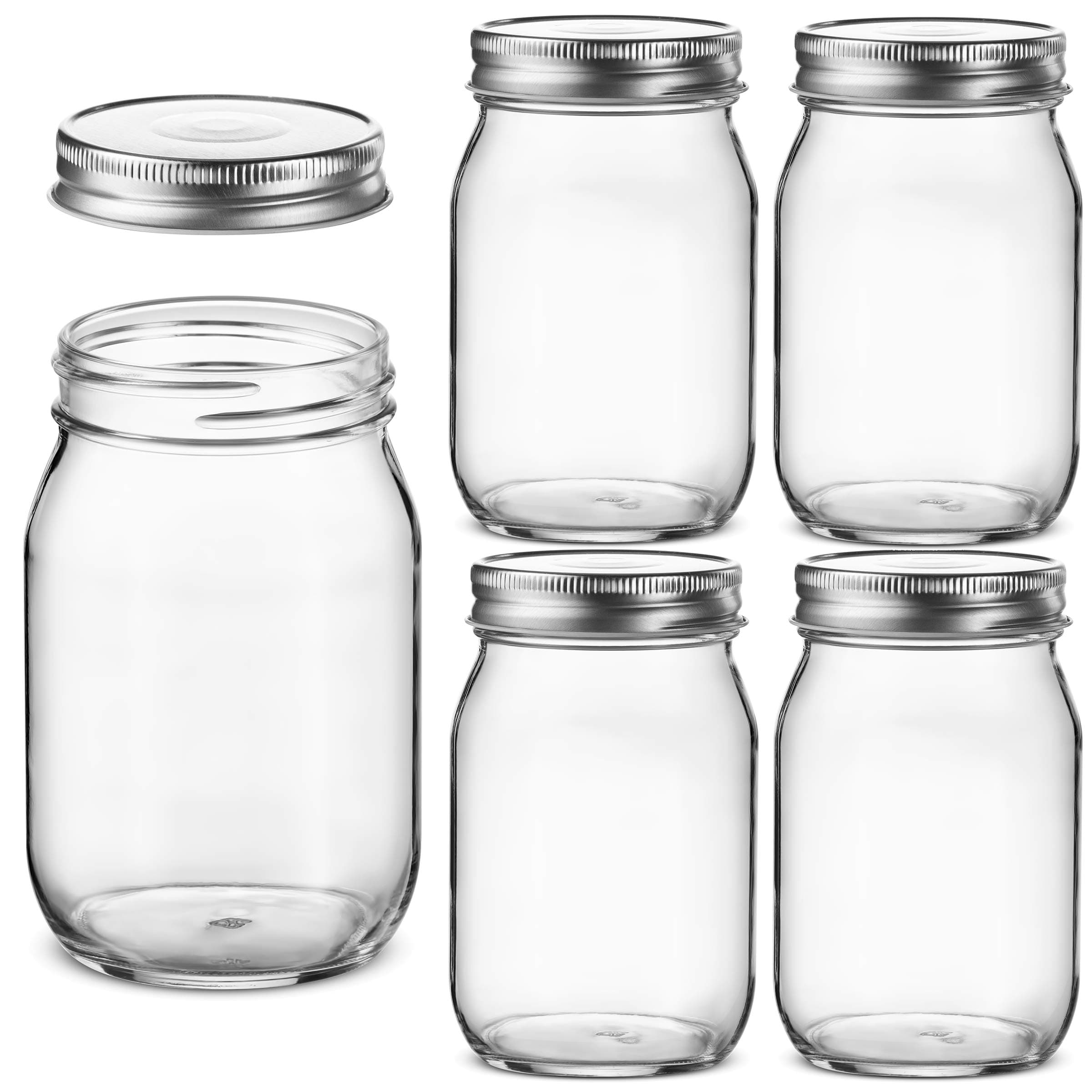 Glass Regular Mouth Mason Jars, 16 Ounce Glass Jars with Silver Metal Airtight Lids for Meal Prep, Food Storage, Canning, Drinking, Overnight Oats, Jelly, Dry Food, Spices, Salads, Yogurt (5 Pack)