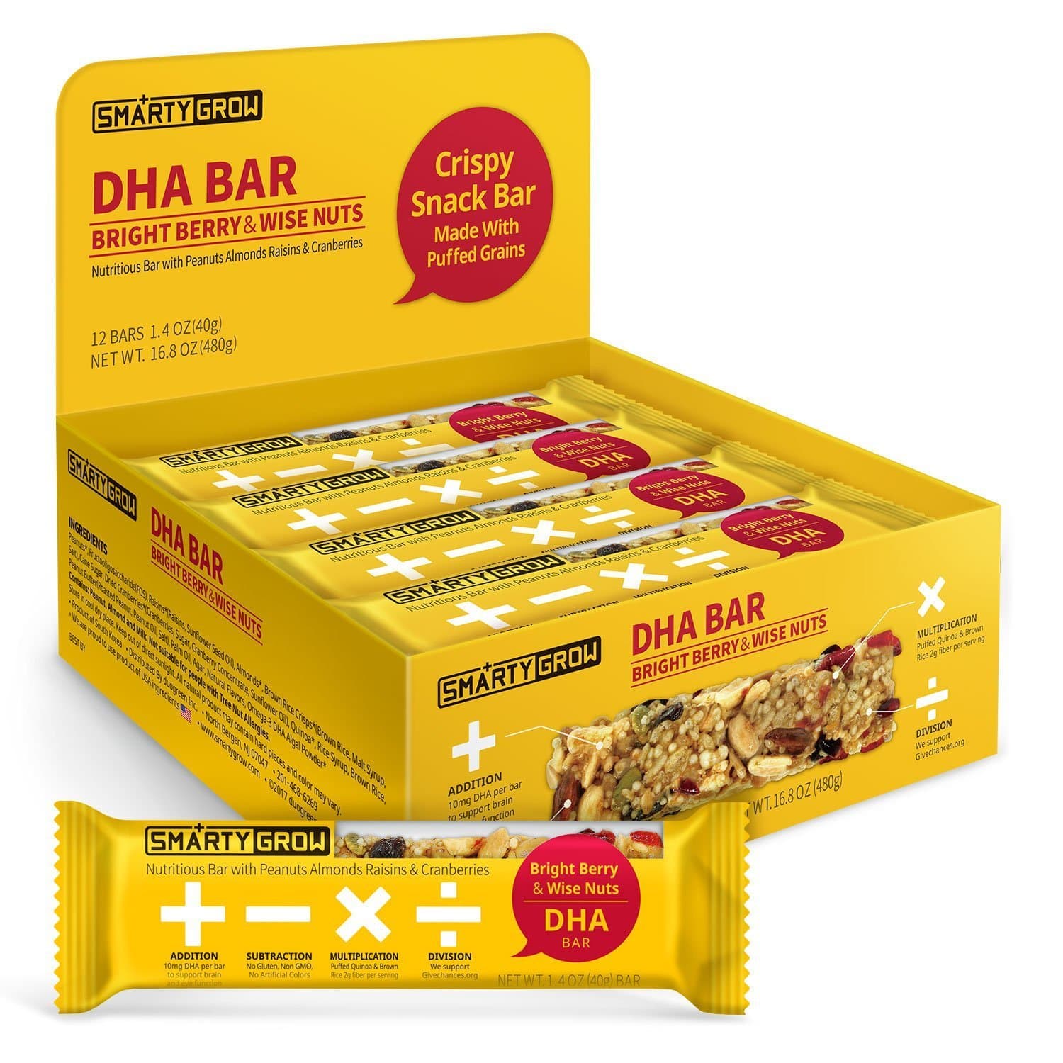 Omega-3 Snack Bars, DHA All Natural Healthy Gluten Free Non-GMO 1.4oz (12 Count)