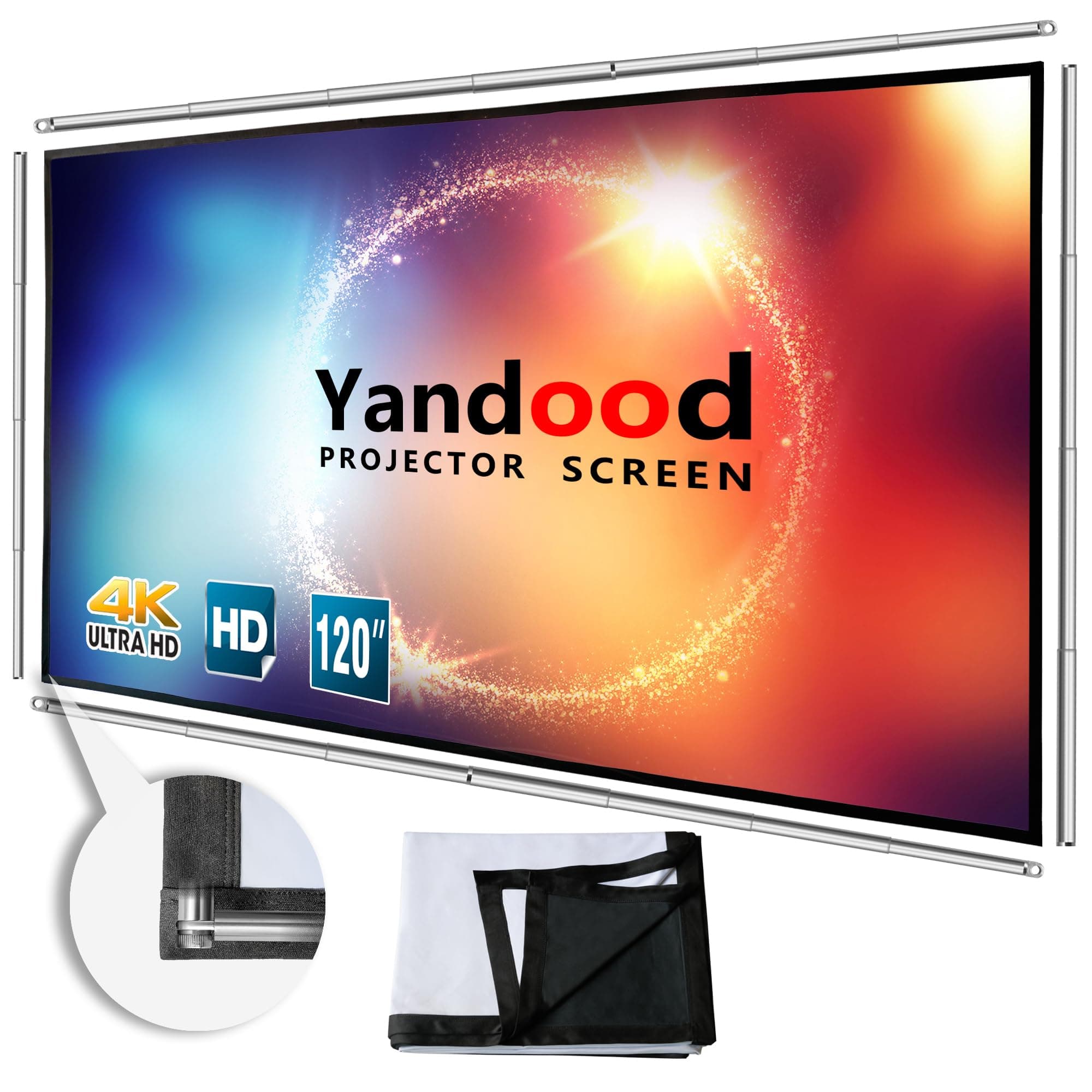 Foldable Projector Screen 120 inch with Lightweight Telescopic Pole Frame Wall Mounted Anti-Crease Black Backing Silver Portable Projection Screen