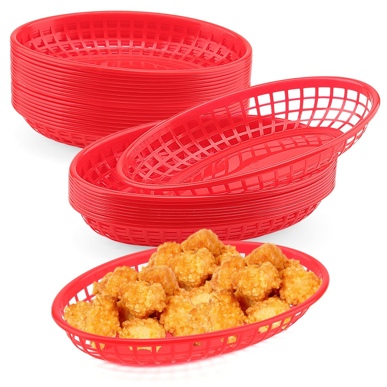 40 PCS Red Plastic Fast Food Basket, 23 x 14 x 4cm Oval Fast Food Baskets, Plastic Food Serving Baskets for Chip Sandwiches Burgers