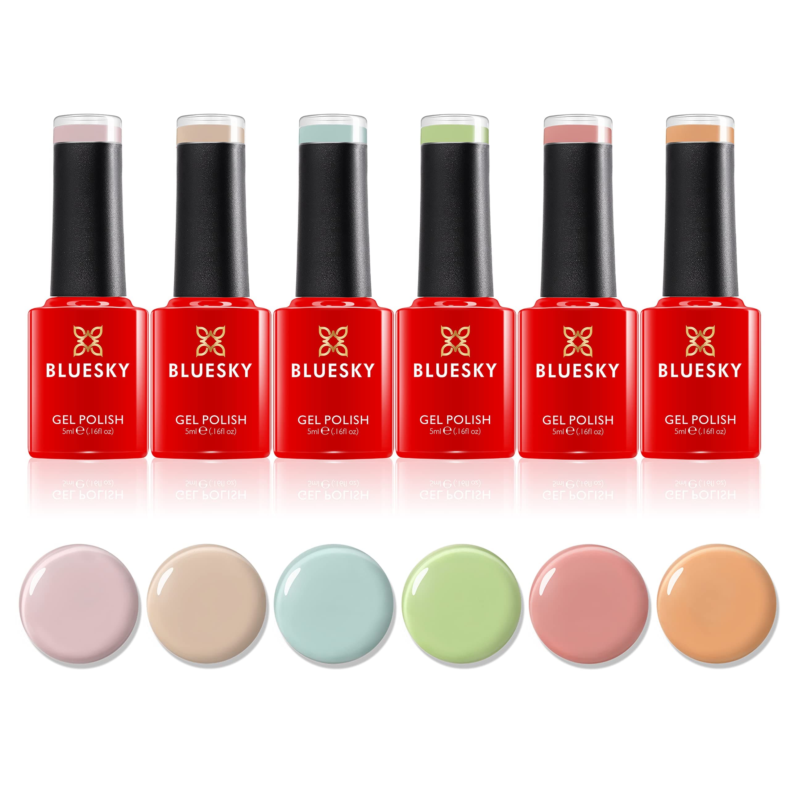 BLUESKYGel Nail Polish Set - Spring 2023, 6 x 5 ml Gel Nail Polishes, Pink, Blue, Nude, Green, Pastel, Purple, Coral (Requires Curing Under UV/LED Lamp)