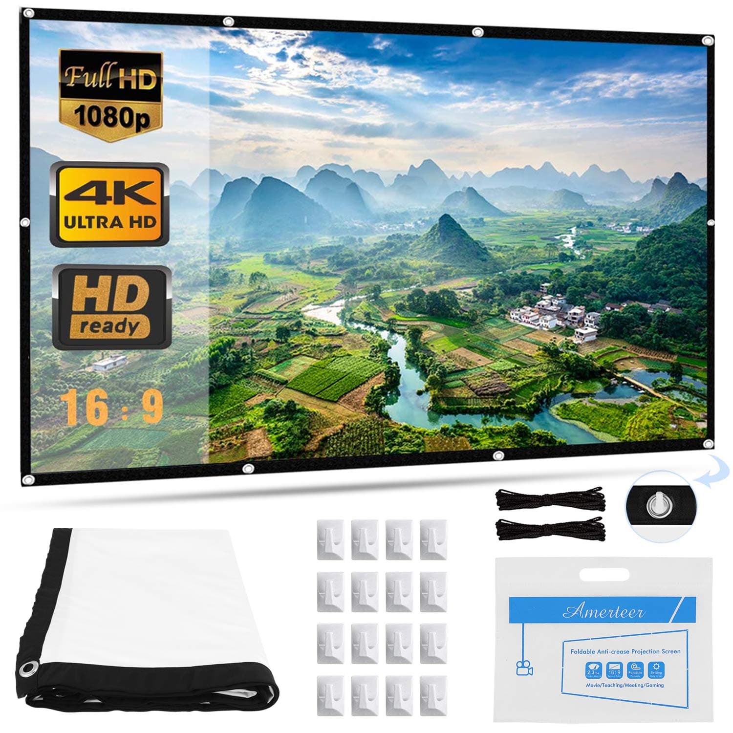AMERTEER 120 inches Projector Screen | Outdoor & Indoor Projector | Movie Screen Projector with 16 Hooks and 2 Long Ropes | Foldable Projection Screen