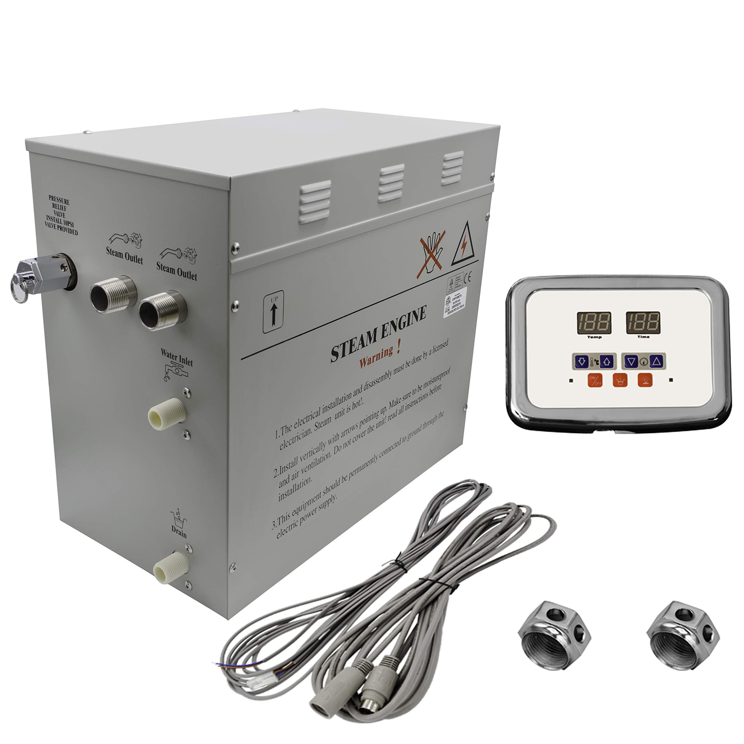 Superior 12kW Self-Draining Steam Bath Generator with Waterproof Programmable Controls and 2 Chrome Steam Outlets