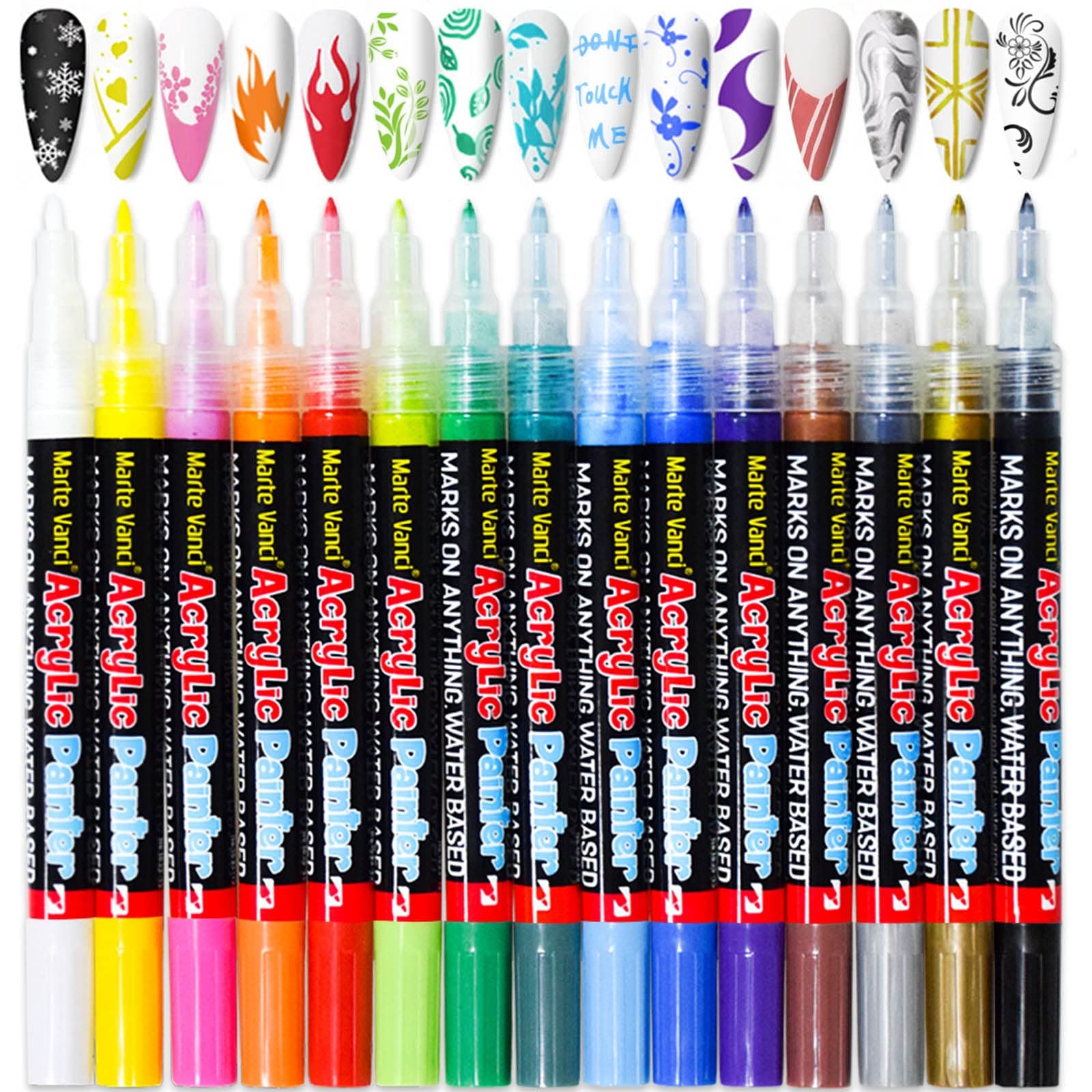 Marte Vanci Nail Art Pens, 15 Colours Acrylic Paint Pens Fine Tip, Art Marker Set for DIY Nails Beauty Doodling Graffiti Colouring Rock Painting Wood Glass Ceramic Christmas Card Crafting Gift