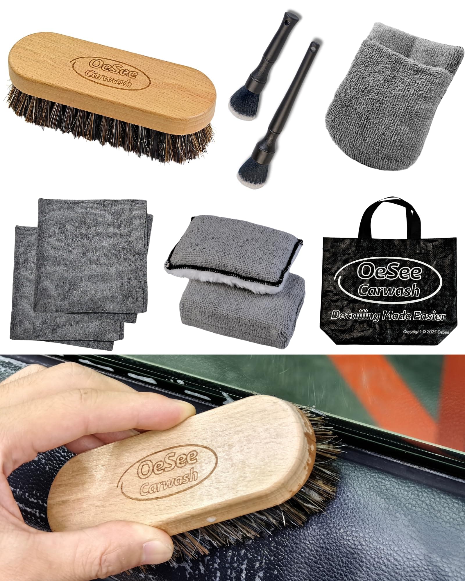 PRO Car Interior Cleaning Kit (9-Piece) - Deep Clean Tools for Leather, Dashboard & Upholstery | Boar Bristle Brush, Dual-Sided Scrub Sponge, Microfiber Towels, Polish Scrub Mitt, Detailing Brushes