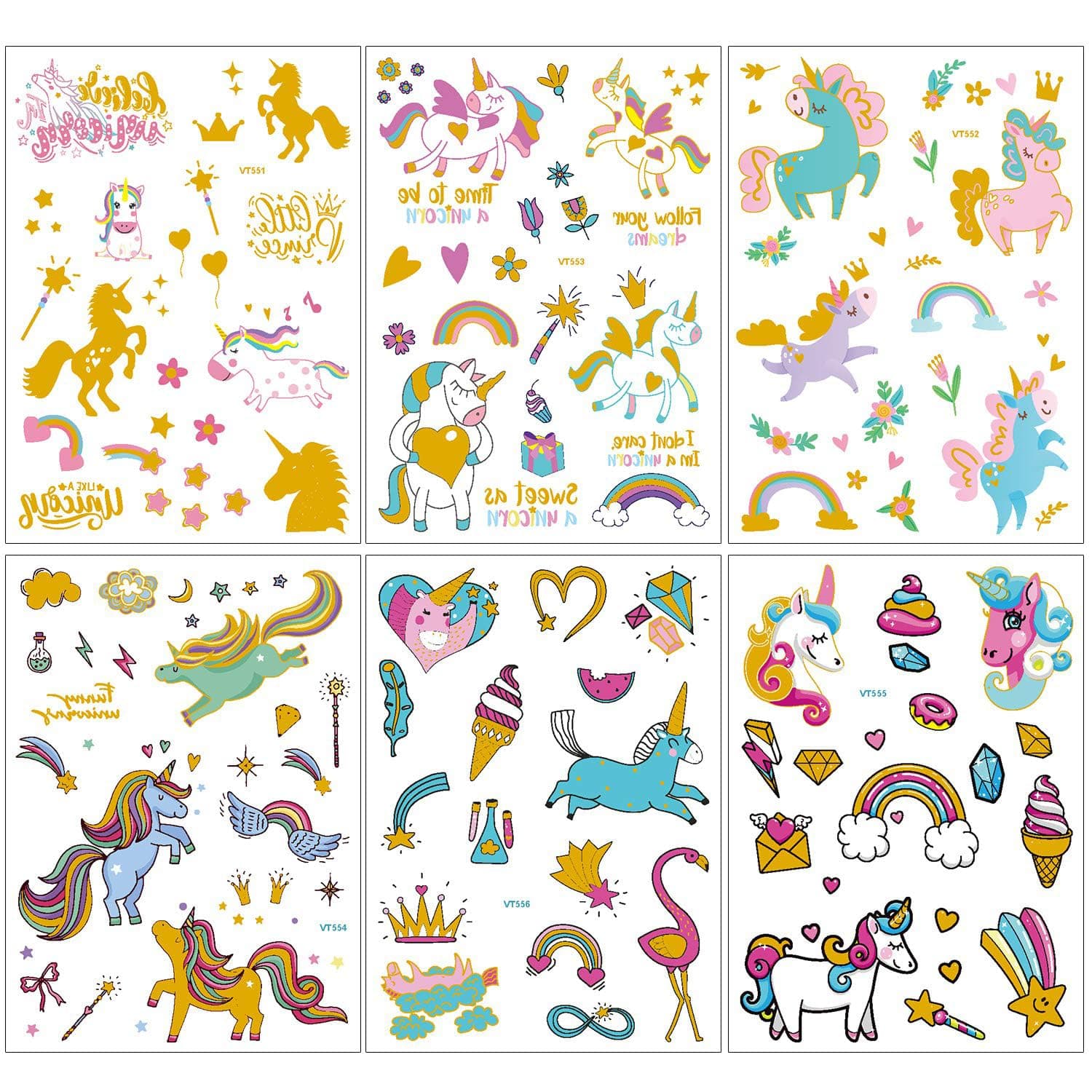 Unicorn Party Supplies Temporary Tattoos - Glitter Unicorn Birthday Party Favors, Cute animated unicorn + Halloween Easter Makeup (6 Sheet)