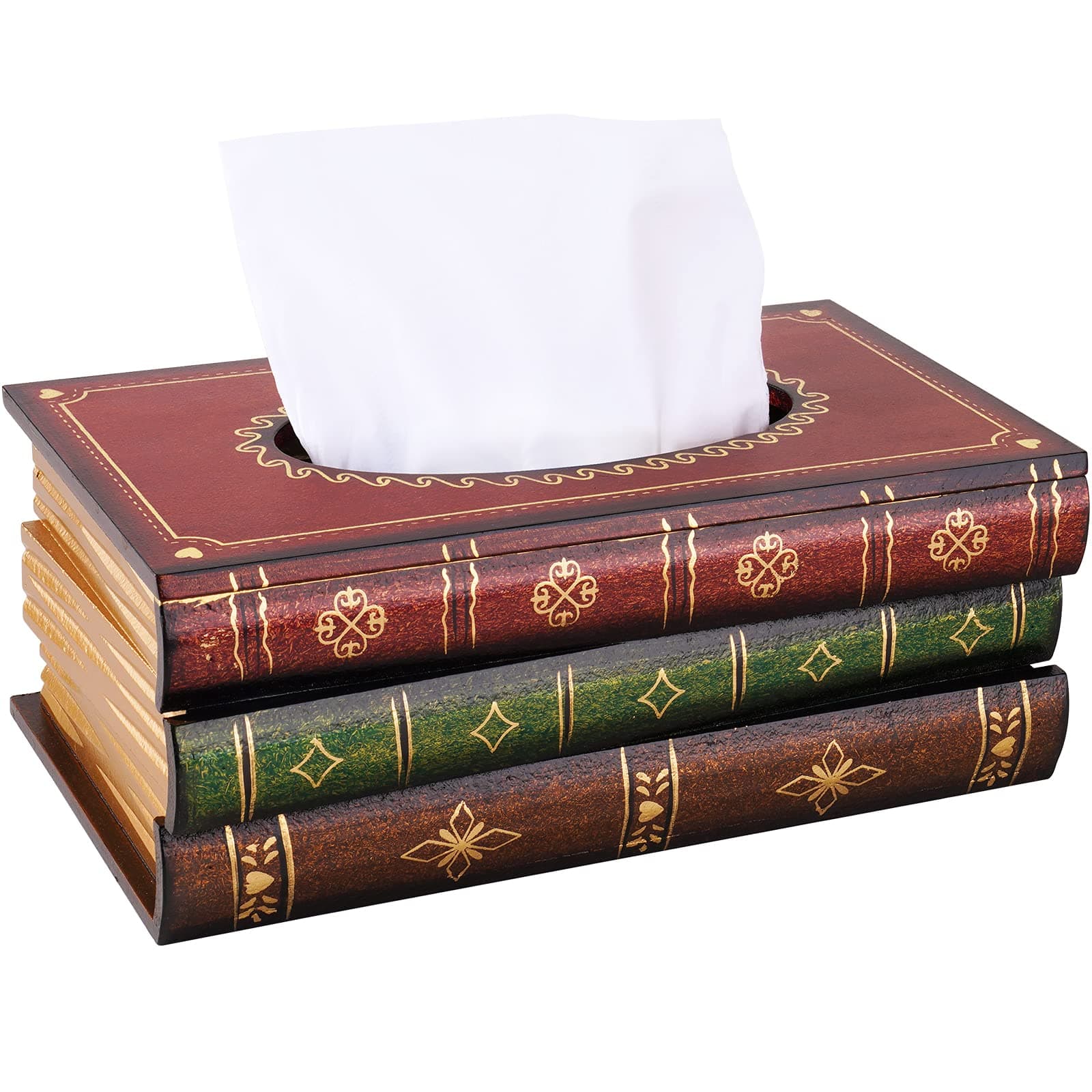 NiHome Wood Tissue Box Cover Novelty Napkin Holder Refill Hinged Lid Dispenser Handcrafted Scholar's Antique Book Reader Vintage Retro Paint Decor Storage Home Office School Business (Red Top)