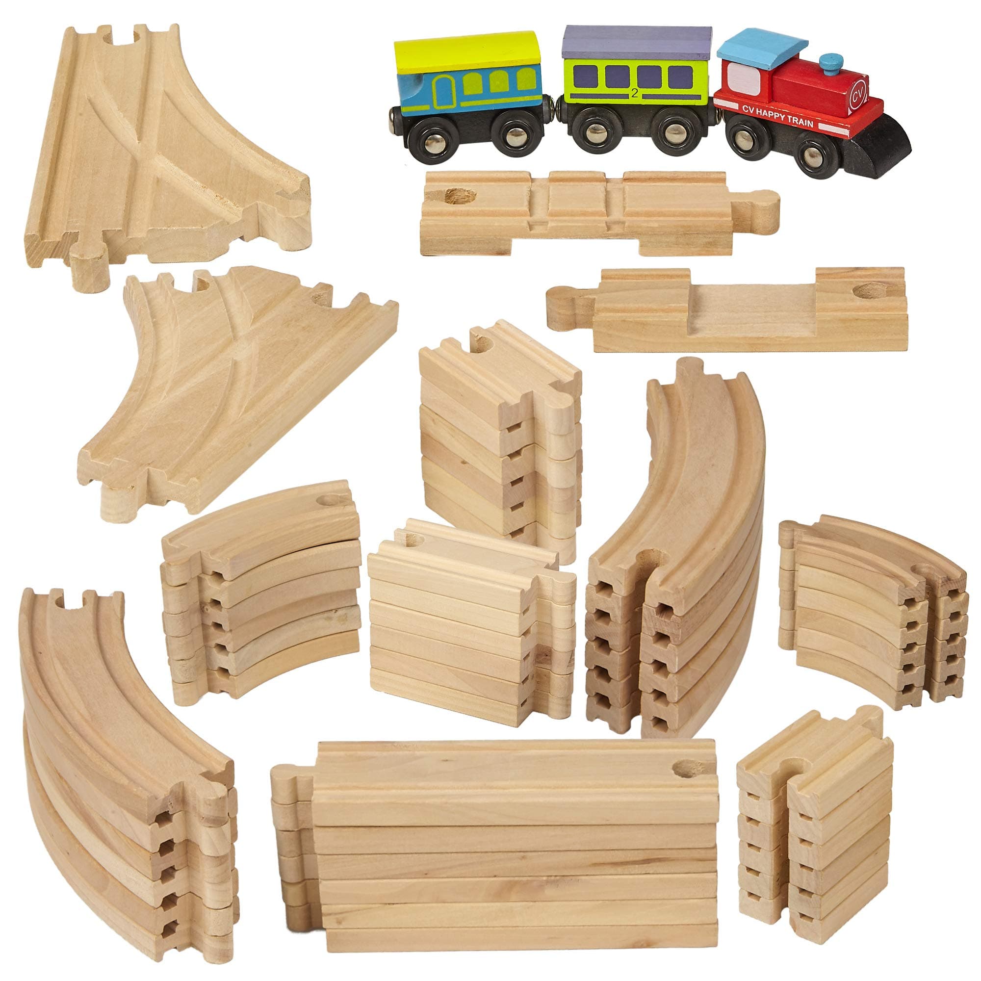 Wooden Train Tracks - 55 Piece - Compatible with Brio, Thomas, Chuggington and All Major Brands – Accessories and Expansion Kit Includes 52 Tracks and 3 Cute Cars