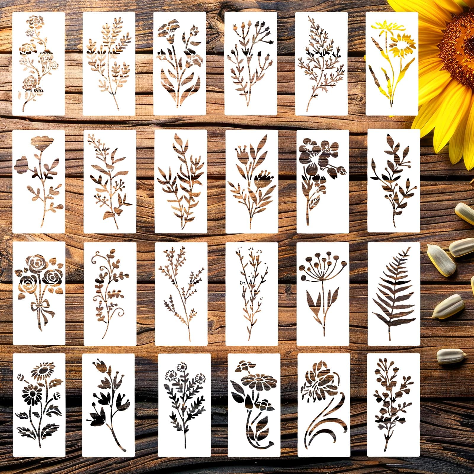 24Pcs Flower Stencils for Painting, Leaf Stencil for Flower Leaf Crafts, Plant Painting Stencils for Crafts Reusable Art Wood Wall Door Canvas Home Decor(5.9" x 2.95")