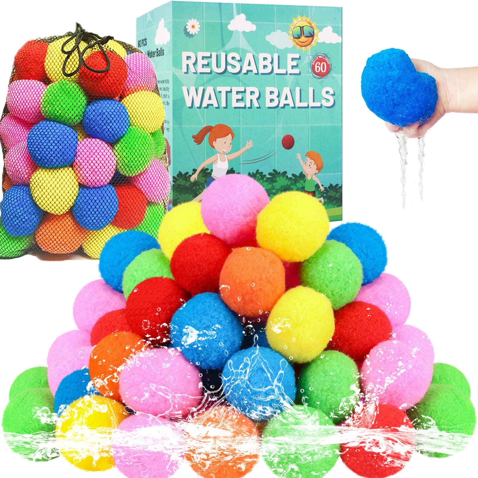 60PCS Reusable Water Balls, Water Soaker Balls for Outdoor Toys and Games,Beach Balls for Kids and Teens Boys and Girls - Summer Activities Balls for Pool and Backyard Fun